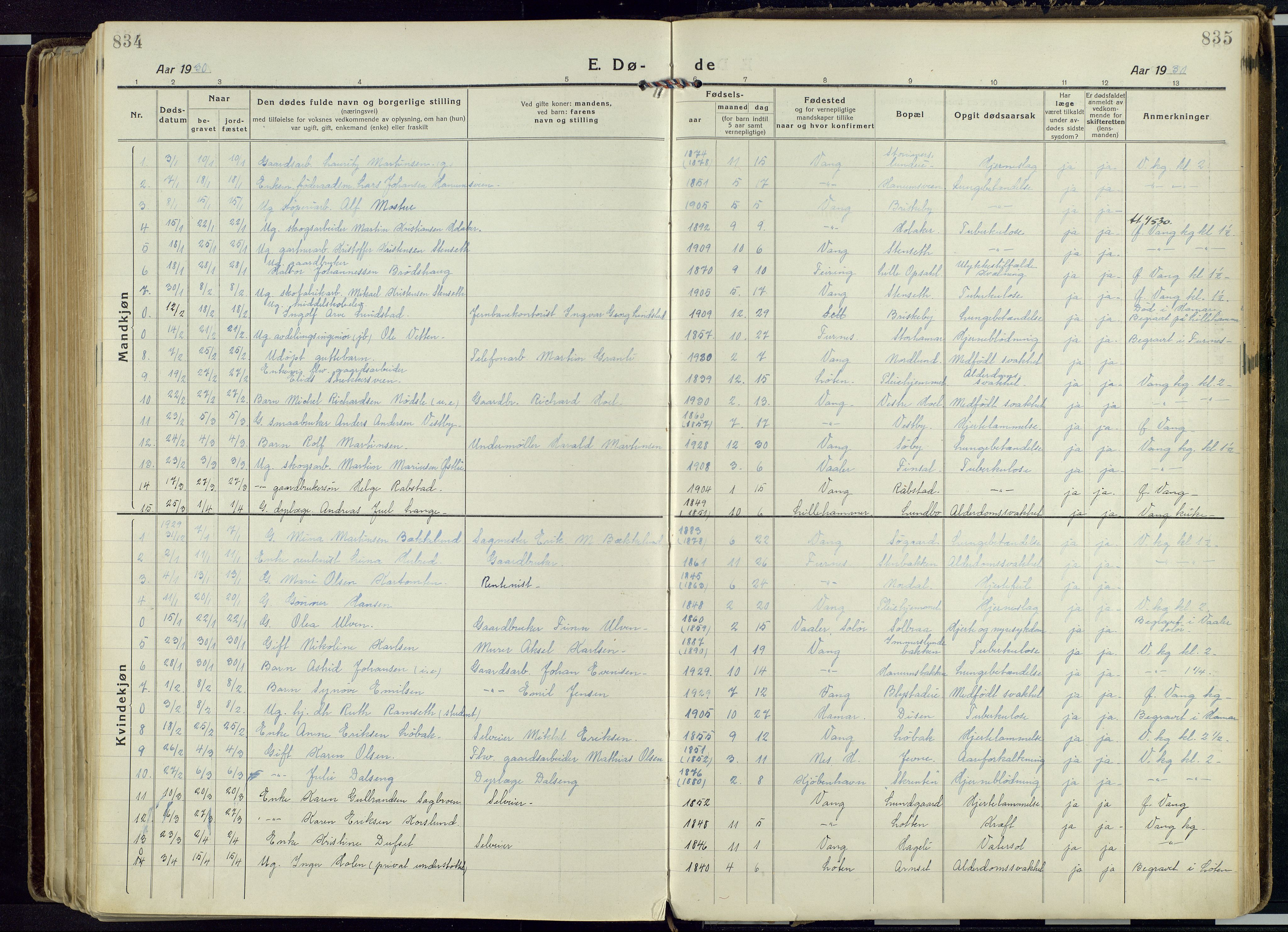 Vang prestekontor, Hedmark, SAH/PREST-008/H/Ha/Haa/L0022: Parish register (official) no. 22, 1918-1944, p. 834-835