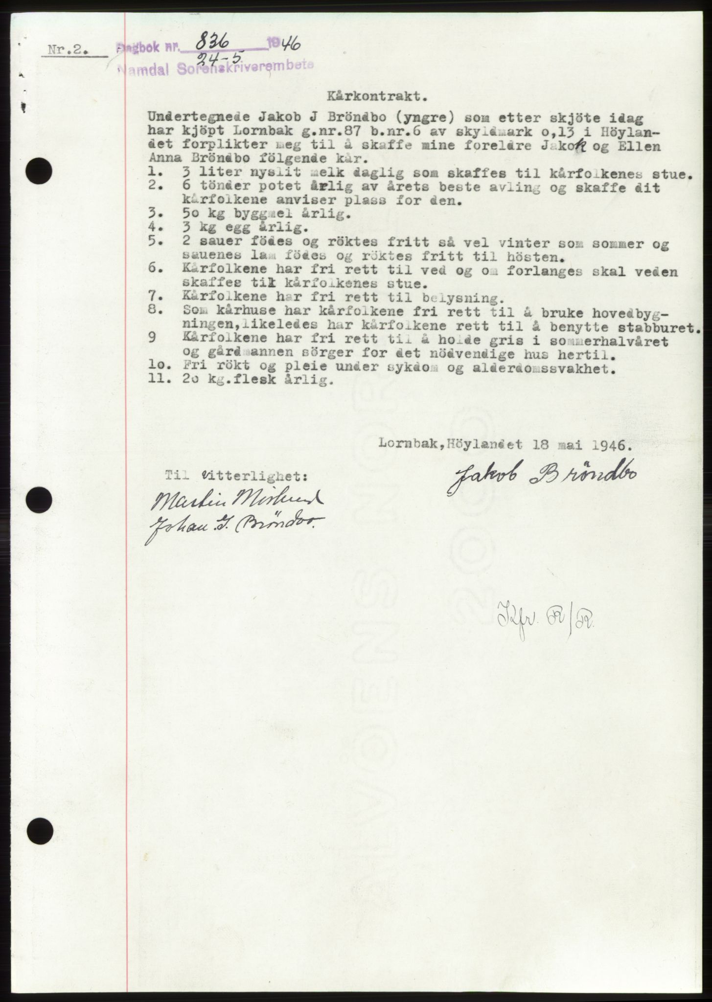 Namdal sorenskriveri, AV/SAT-A-4133/1/2/2C: Mortgage book no. -, 1946-1946, Diary no: : 836/1946