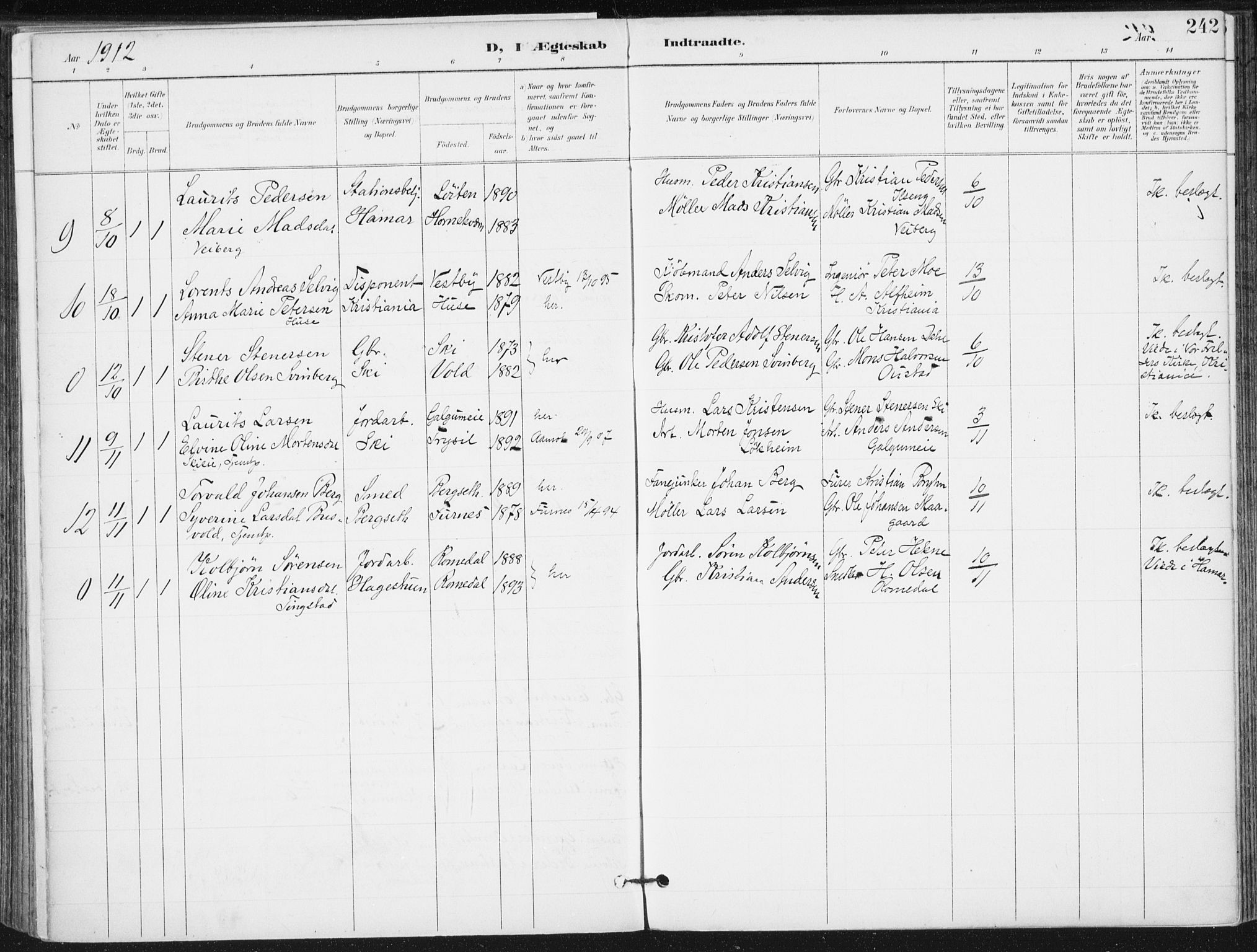 Romedal prestekontor, SAH/PREST-004/K/L0011: Parish register (official) no. 11, 1896-1912, p. 242