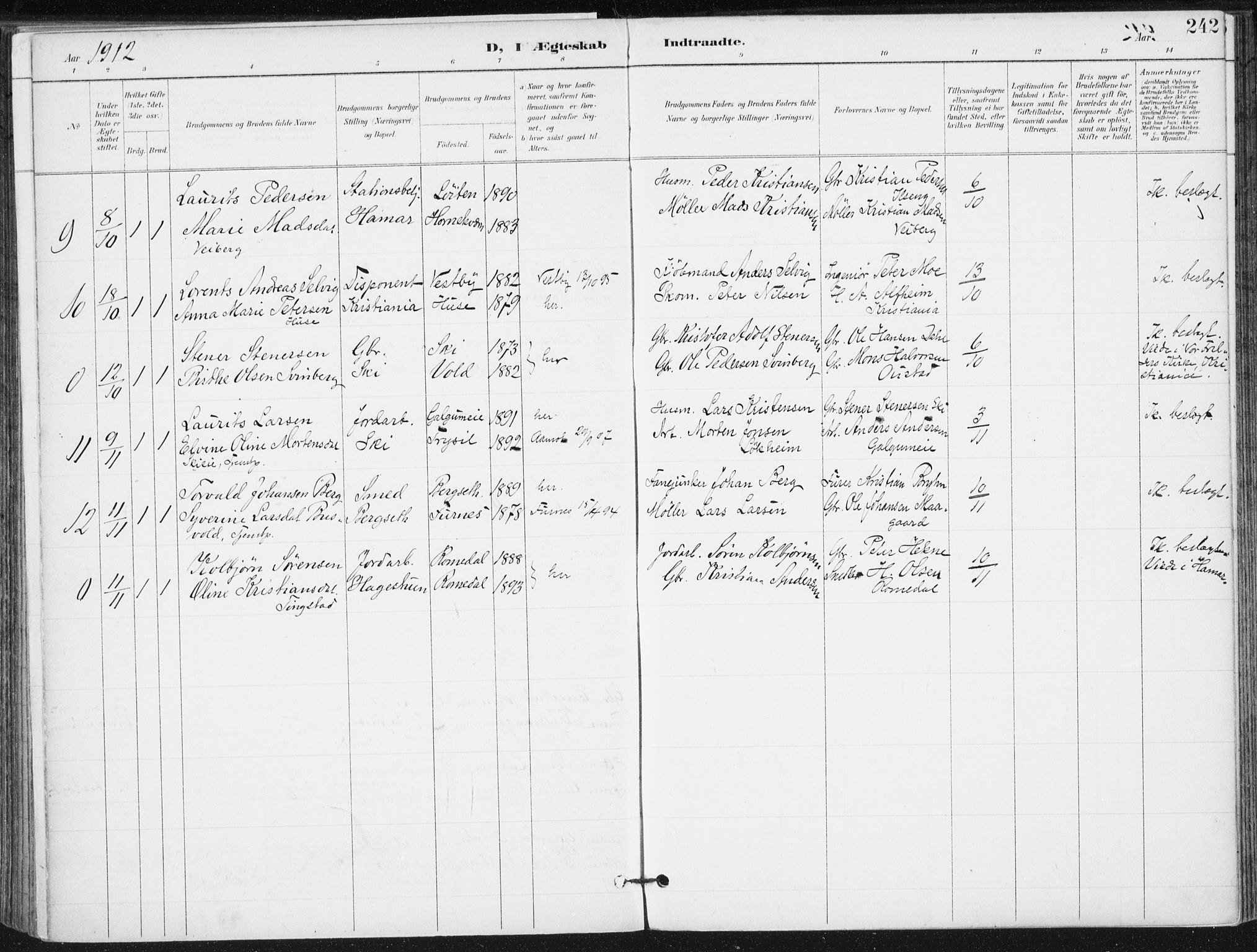 Romedal prestekontor, AV/SAH-PREST-004/K/L0011: Parish register (official) no. 11, 1896-1912, p. 242