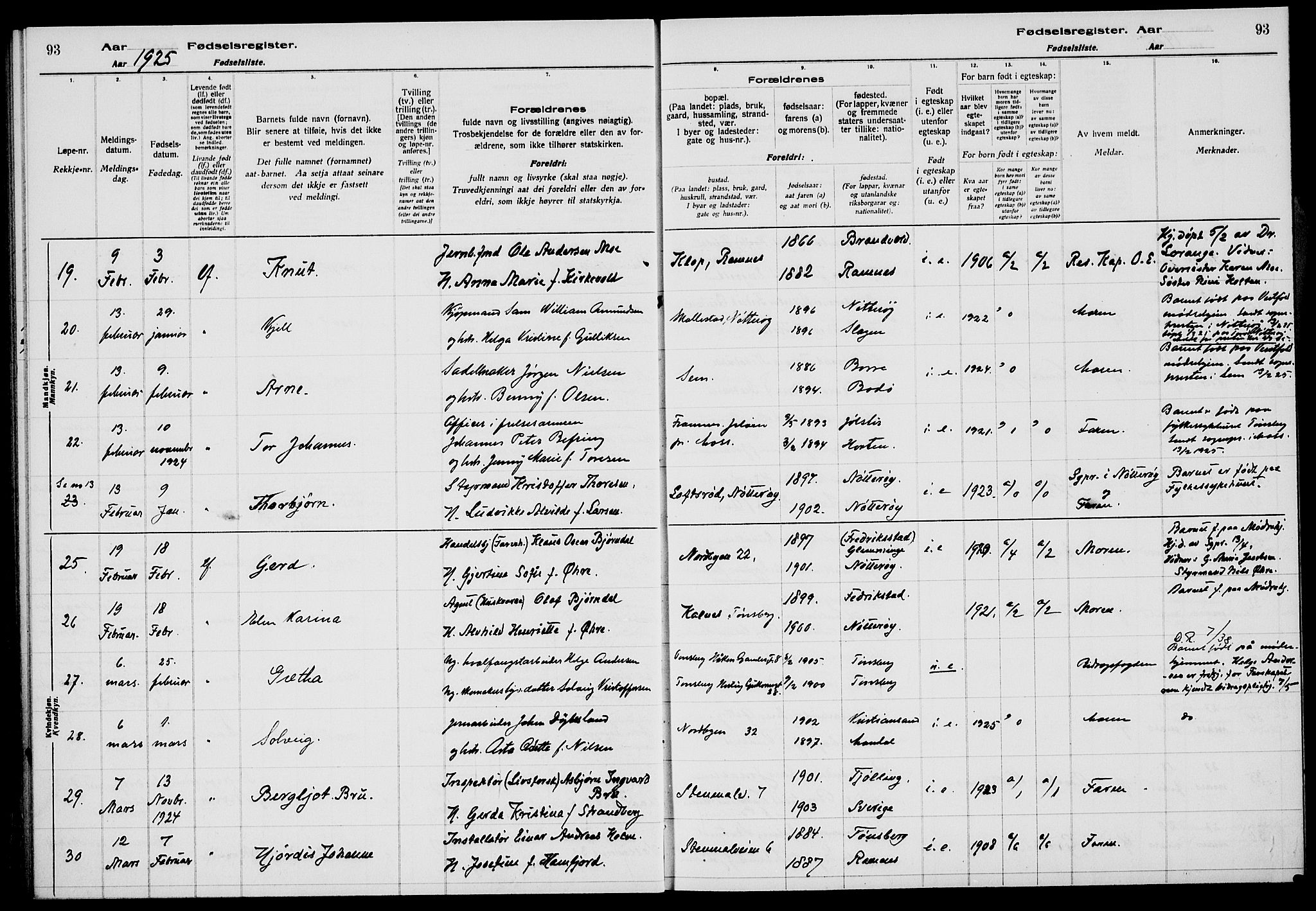 Tønsberg kirkebøker, AV/SAKO-A-330/J/Ja/L0002: Birth register no. 2, 1922-1928, p. 93