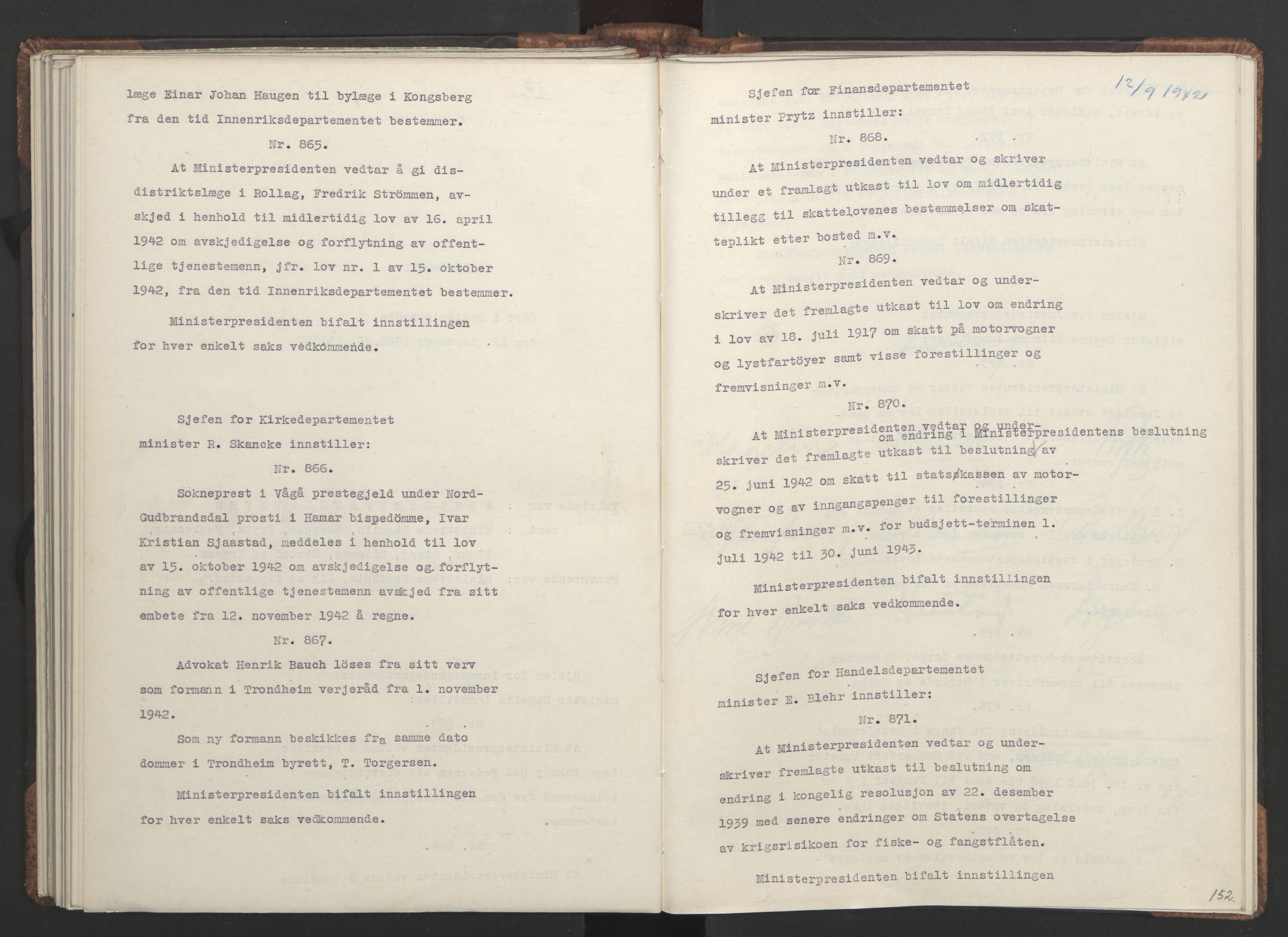 NS-administrasjonen 1940-1945 (Statsrådsekretariatet, de kommisariske statsråder mm), RA/S-4279/D/Da/L0001: Beslutninger og tillegg (1-952 og 1-32), 1942, p. 155
