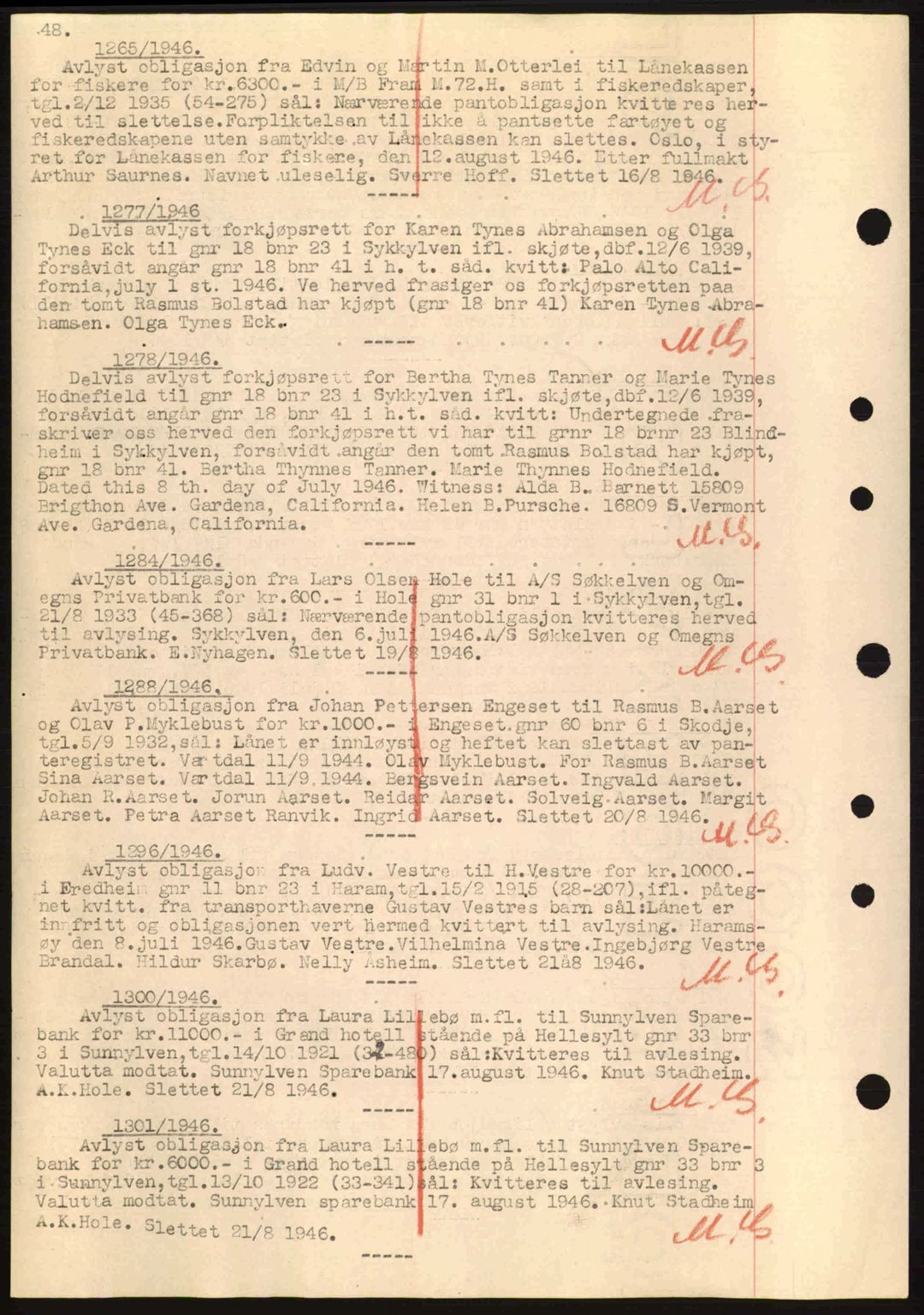 Nordre Sunnmøre sorenskriveri, SAT/A-0006/1/2/2C/2Ca: Mortgage book no. B6-14 a, 1942-1945, Diary no: : 1265/1946
