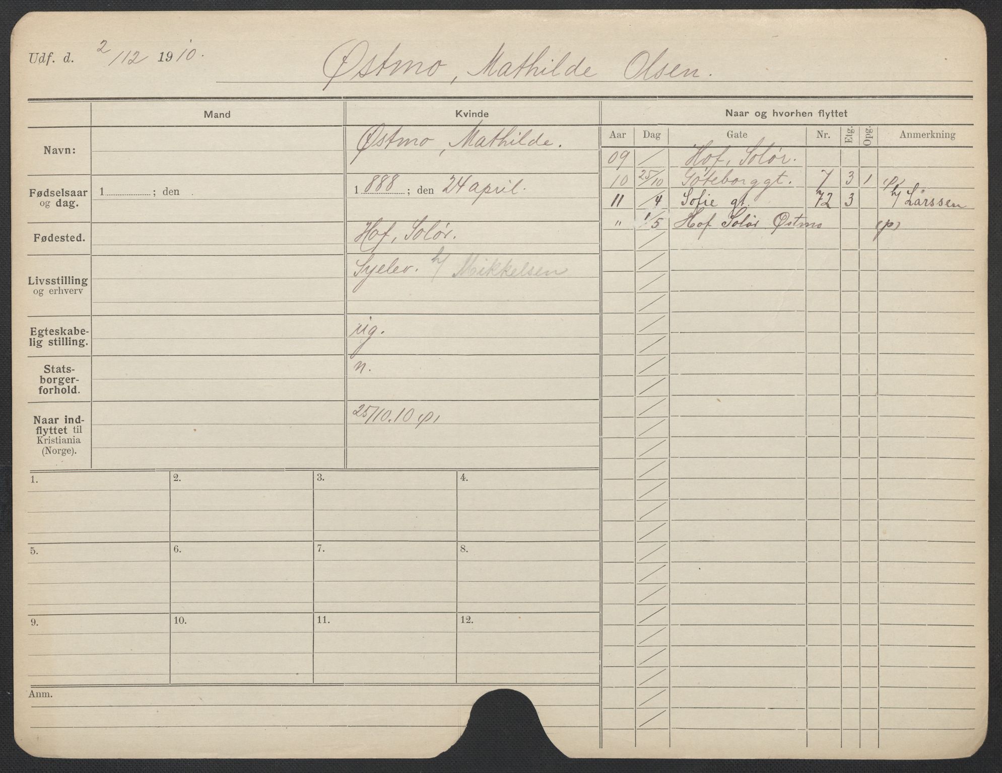 Oslo folkeregister, Registerkort, AV/SAO-A-11715/F/Fa/Fac/L0025: Kvinner, 1906-1914, p. 1100a