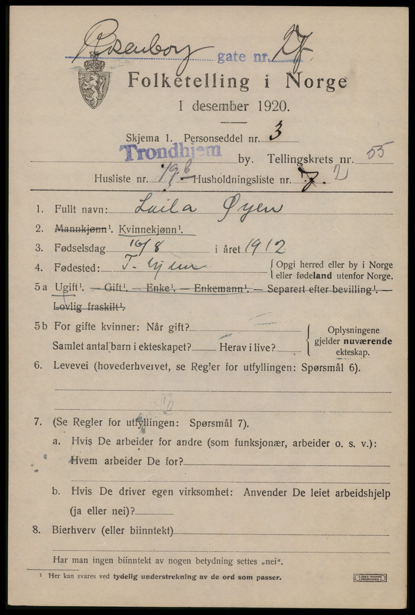 SAT, 1920 census for Trondheim, 1920, p. 112730