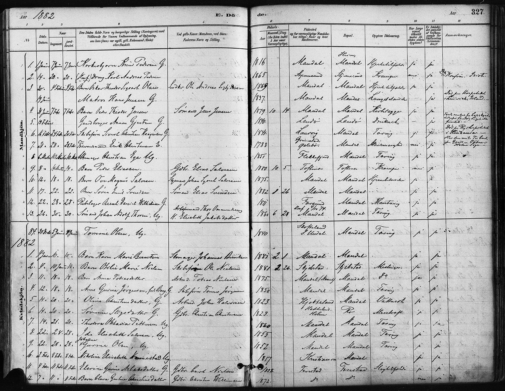 Mandal sokneprestkontor, SAK/1111-0030/F/Fa/Faa/L0016: Parish register (official) no. A 16, 1880-1890, p. 327