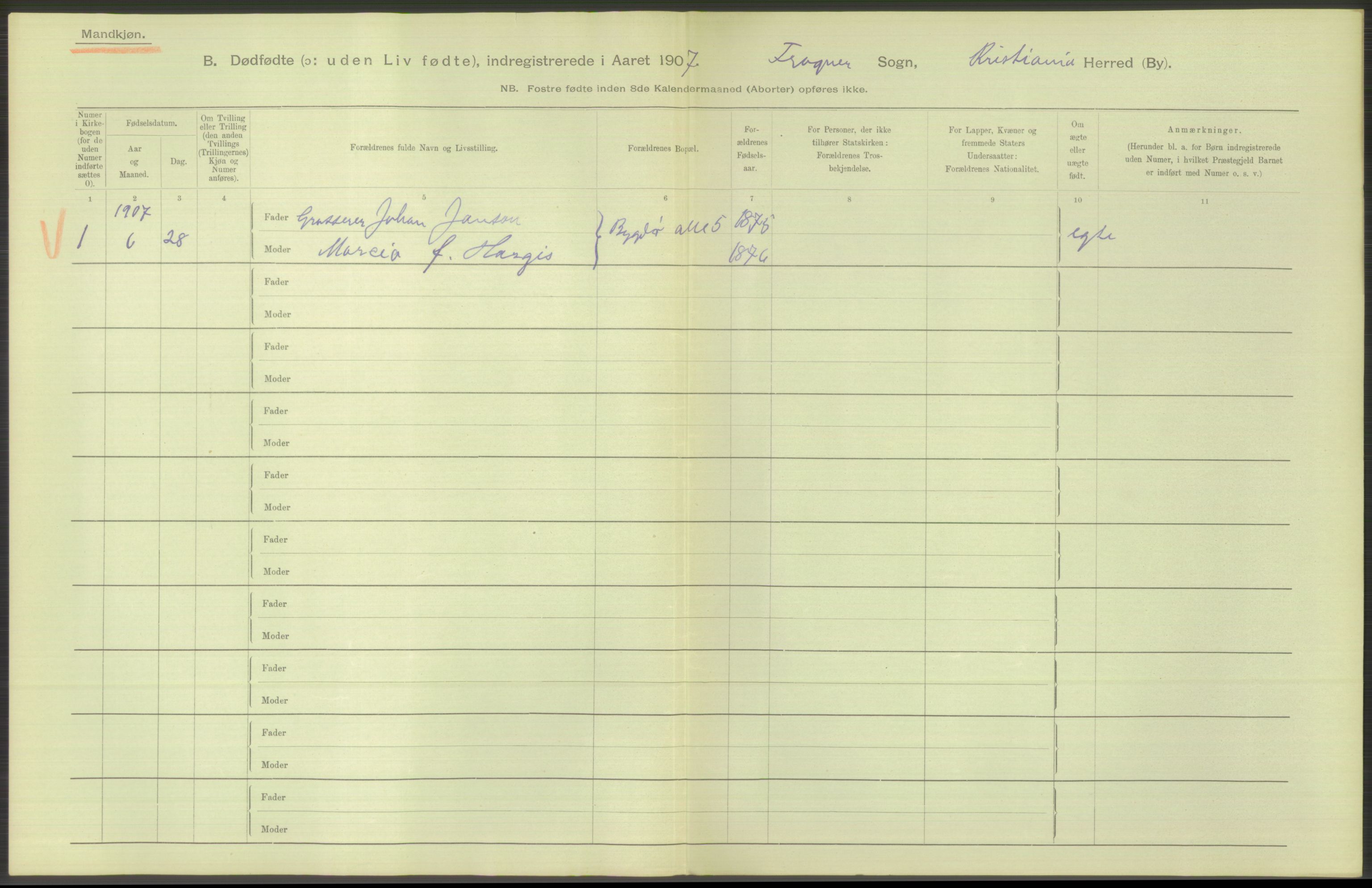 Statistisk sentralbyrå, Sosiodemografiske emner, Befolkning, RA/S-2228/D/Df/Dfa/Dfae/L0010: Kristiania: Døde, dødfødte, 1907, p. 56