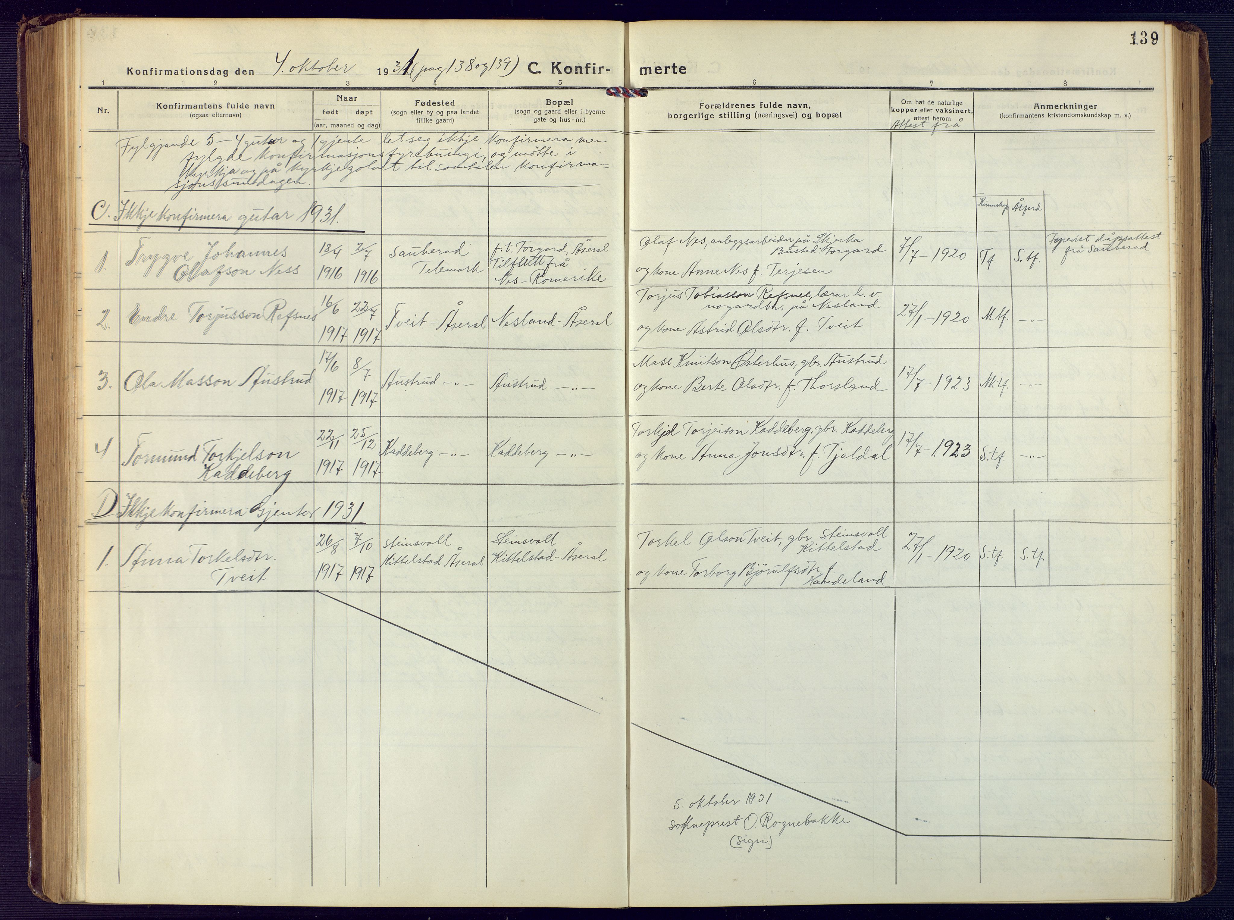 Åseral sokneprestkontor, AV/SAK-1111-0051/F/Fb/L0004: Parish register (copy) no. B 4, 1920-1946, p. 139