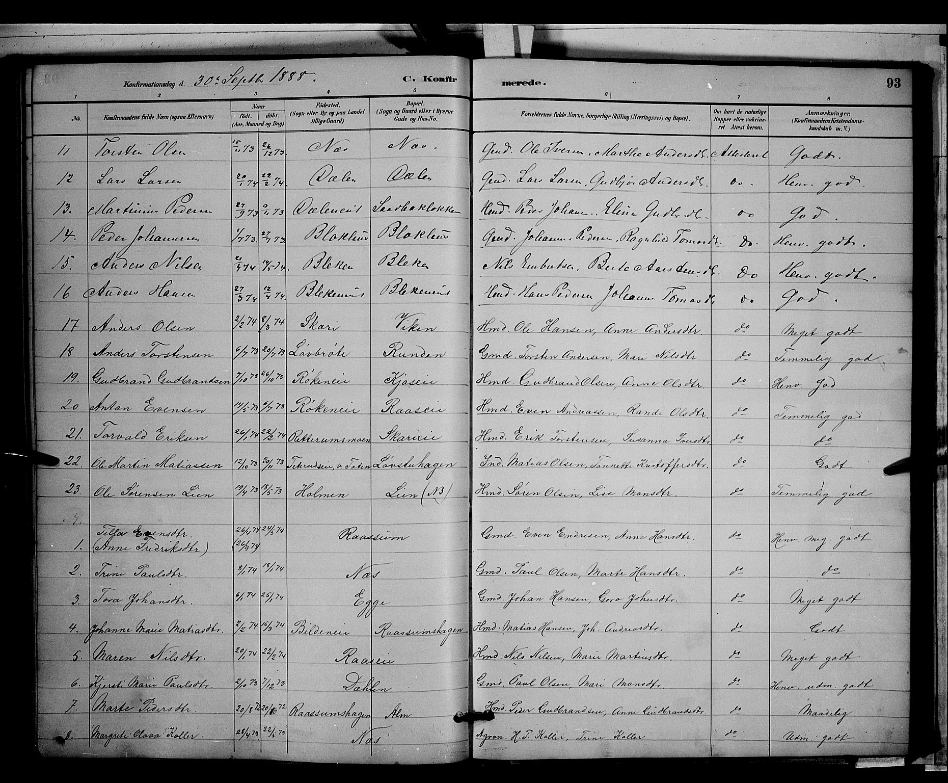 Gran prestekontor, SAH/PREST-112/H/Ha/Hab/L0003: Parish register (copy) no. 3, 1882-1890, p. 93