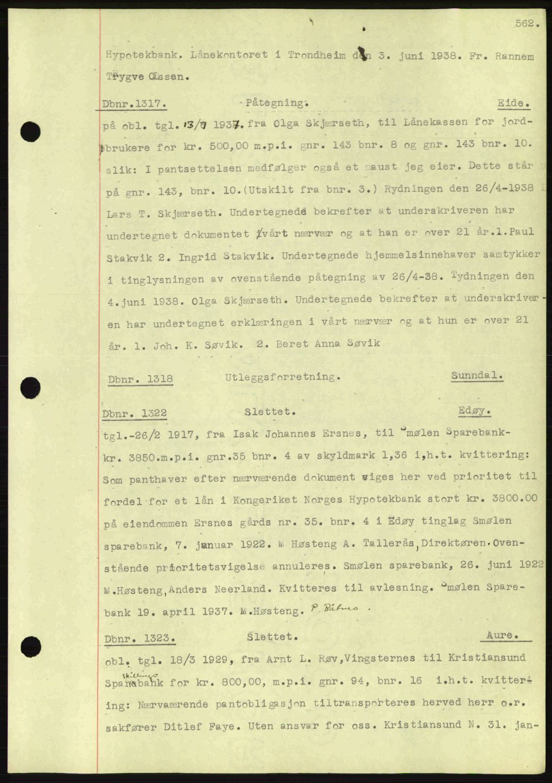 Nordmøre sorenskriveri, AV/SAT-A-4132/1/2/2Ca: Mortgage book no. C80, 1936-1939, Diary no: : 1317/1938