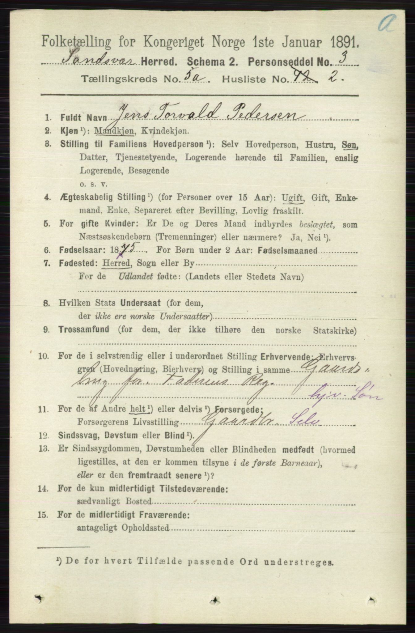 RA, 1891 census for 0629 Sandsvær, 1891, p. 2483