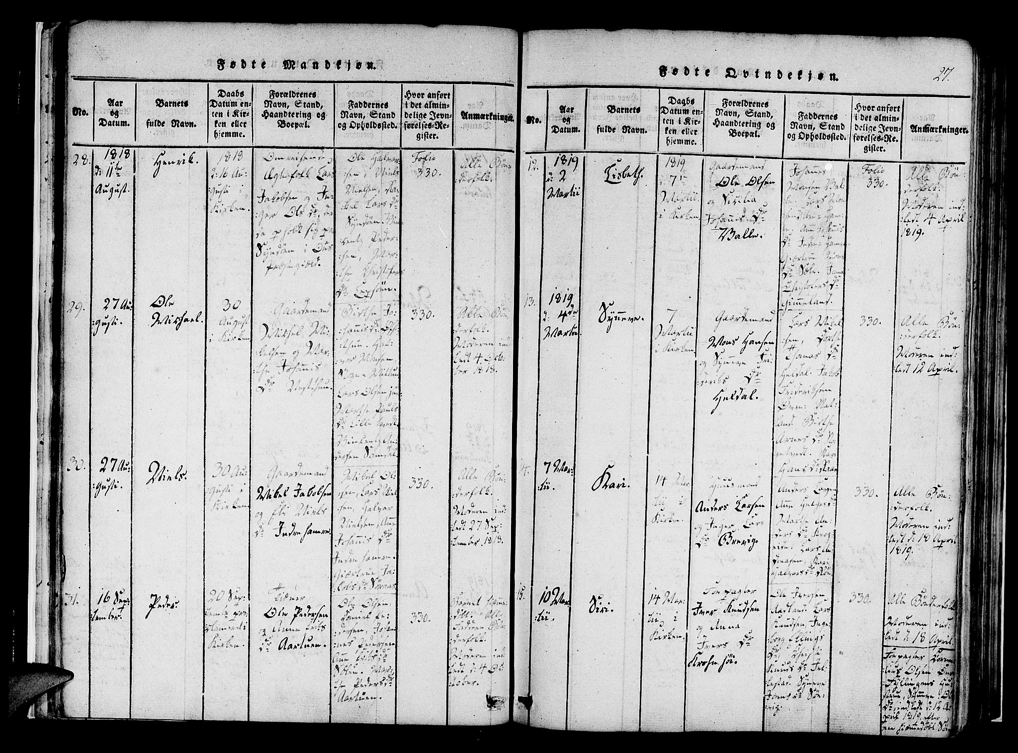 Fana Sokneprestembete, SAB/A-75101/H/Haa/Haaa/L0007: Parish register (official) no. A 7, 1816-1828, p. 27
