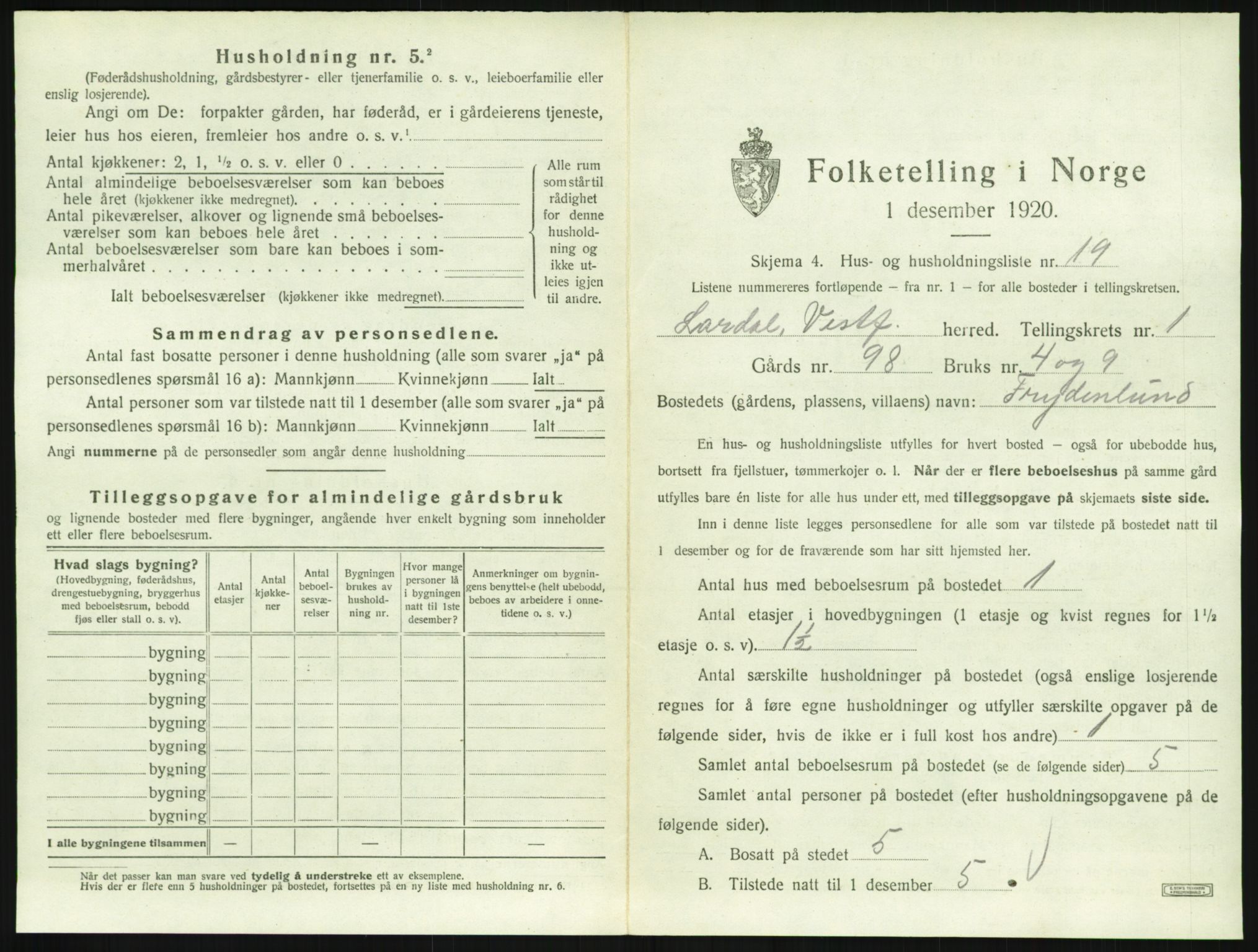 SAKO, 1920 census for Lardal, 1920, p. 75