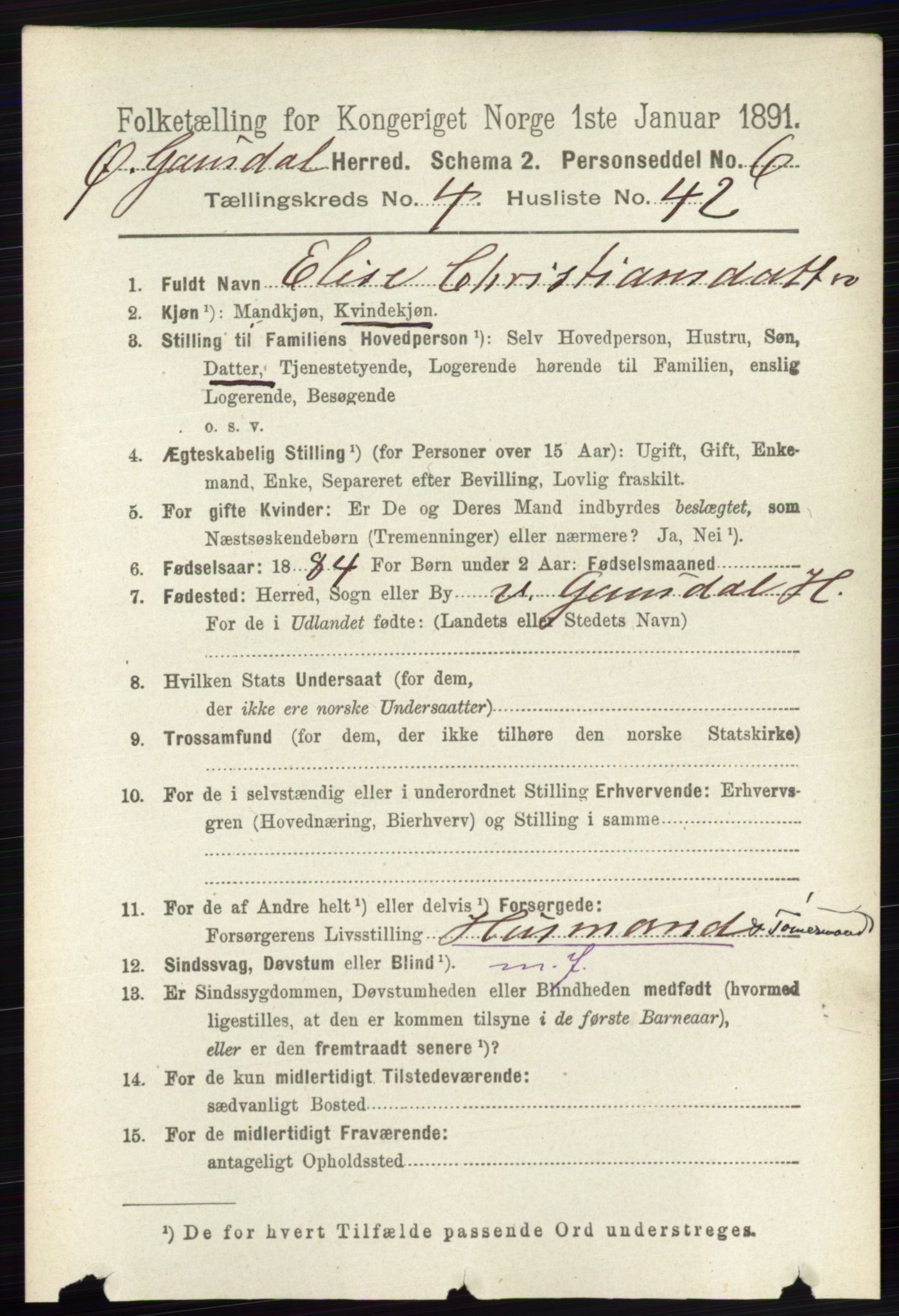 RA, 1891 census for 0522 Østre Gausdal, 1891, p. 2783