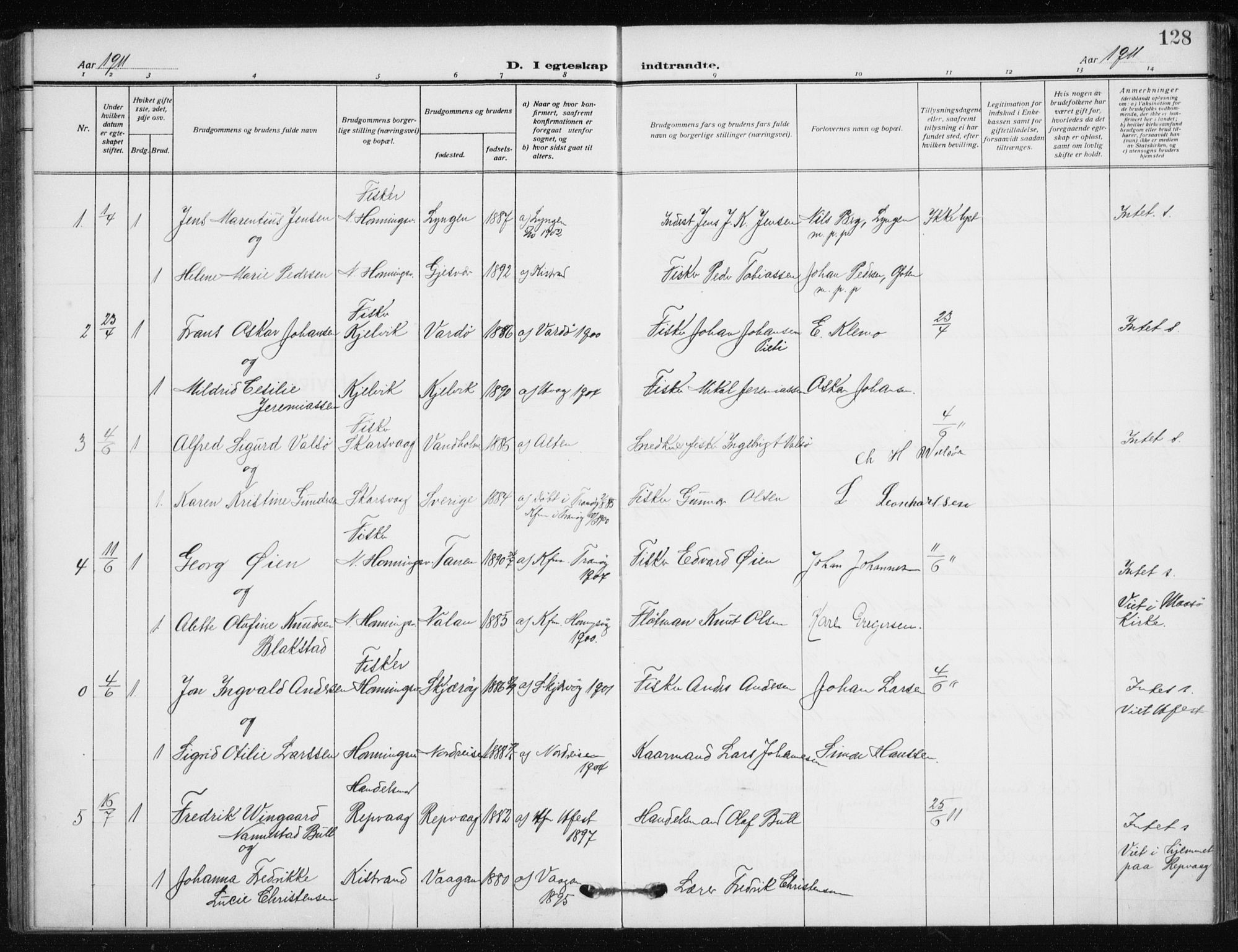 Kjelvik/Nordkapp sokneprestkontor, AV/SATØ-S-1350/H/Ha/L0001kirke: Parish register (official) no. 1, 1911-1919, p. 128