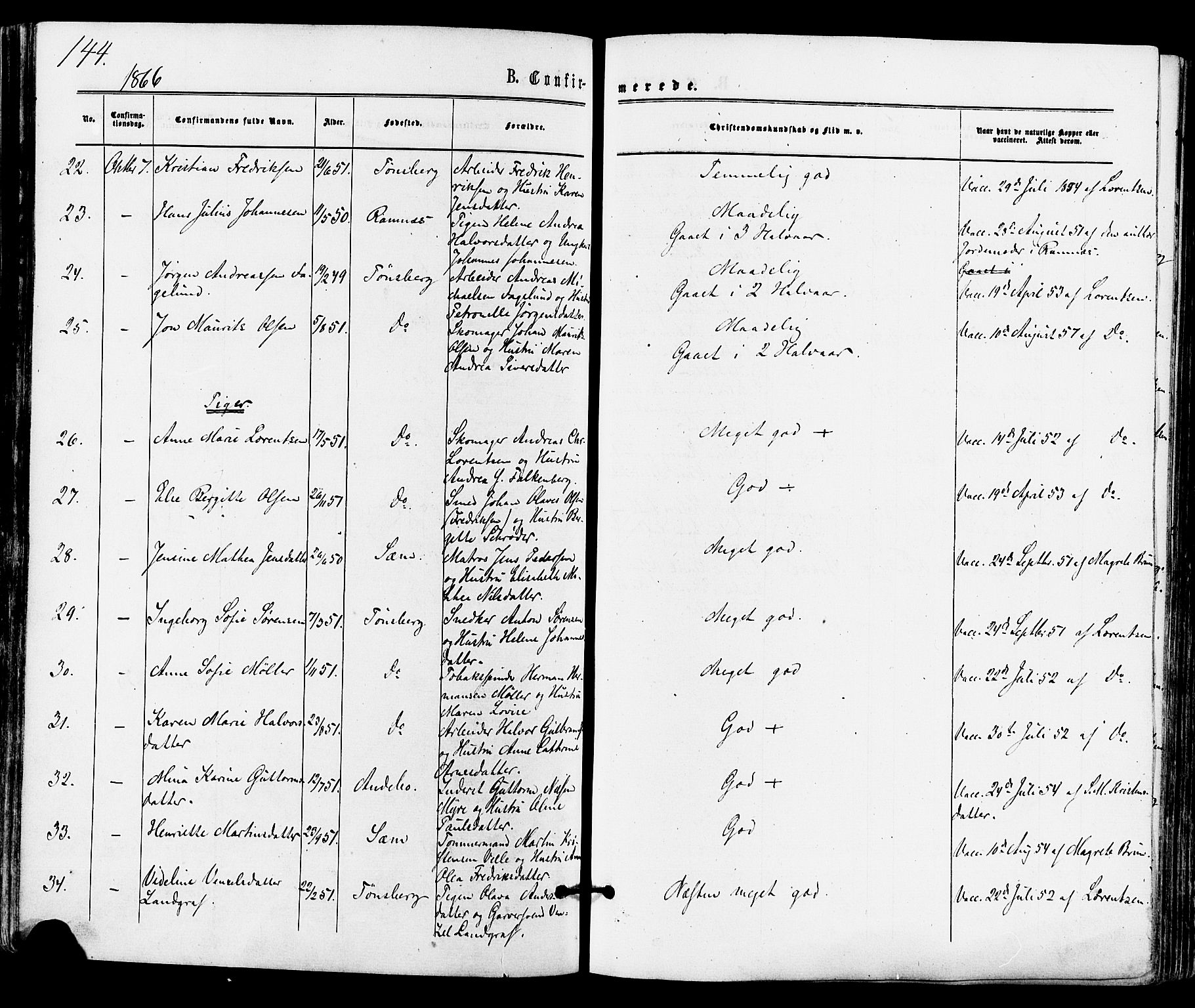 Tønsberg kirkebøker, AV/SAKO-A-330/F/Fa/L0009: Parish register (official) no. I 9, 1865-1873, p. 144