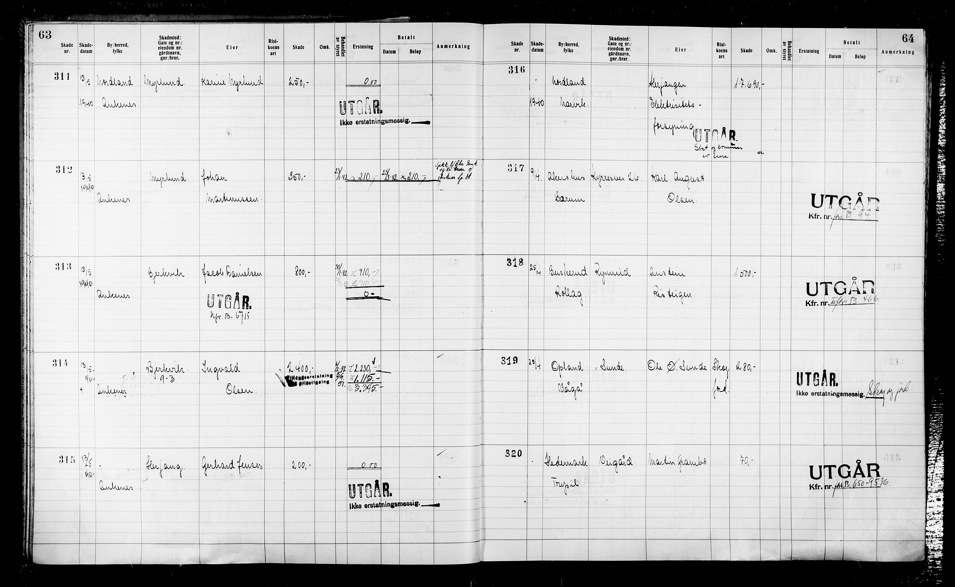 Krigsskadetrygdene for bygninger og løsøre, RA/S-1548/V/L0043: Bygning, ikke trygdet., 1940-1945, p. 63-64