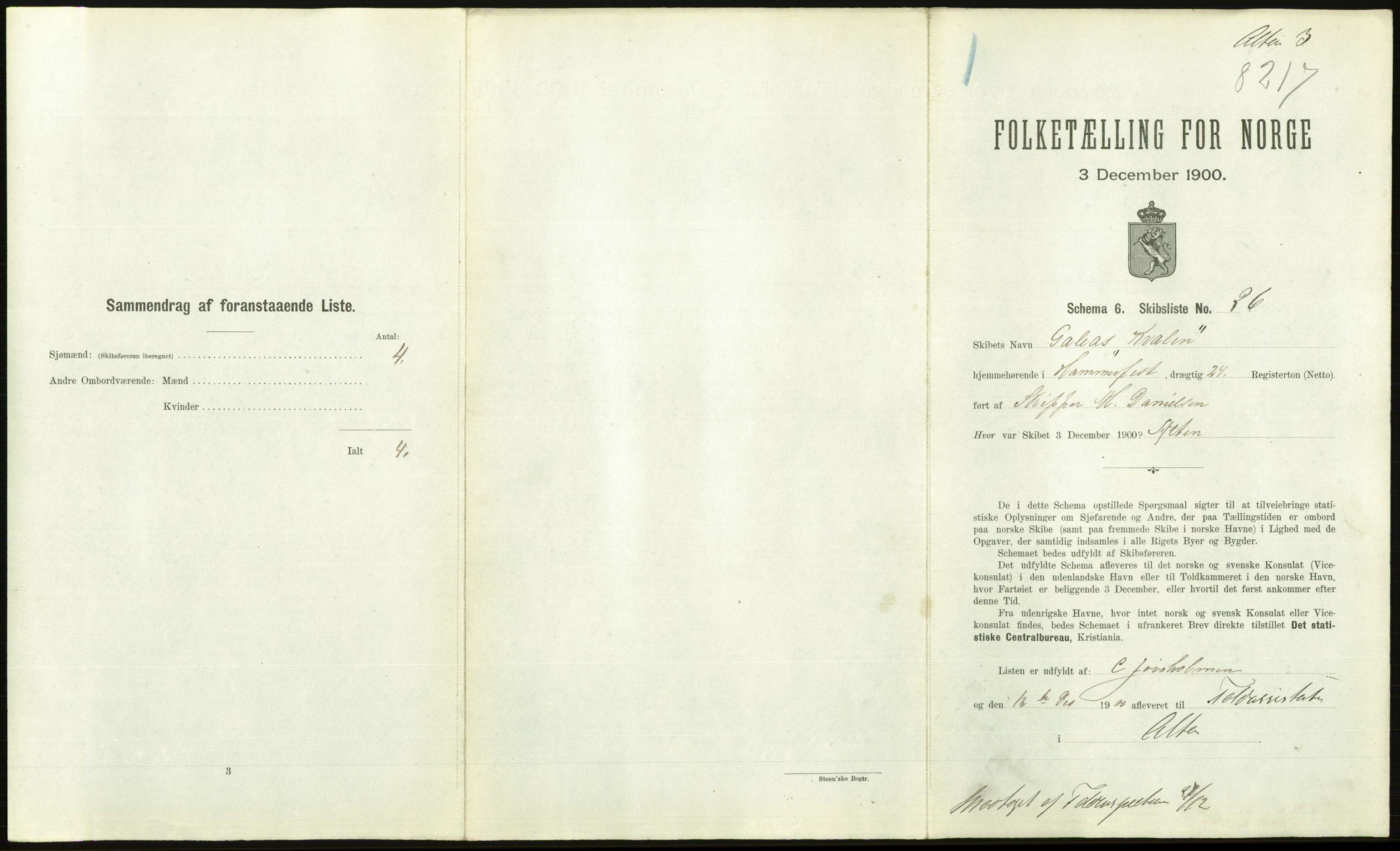 RA, 1900 Census - ship lists from ships in Norwegian harbours, harbours abroad and at sea, 1900, p. 2821