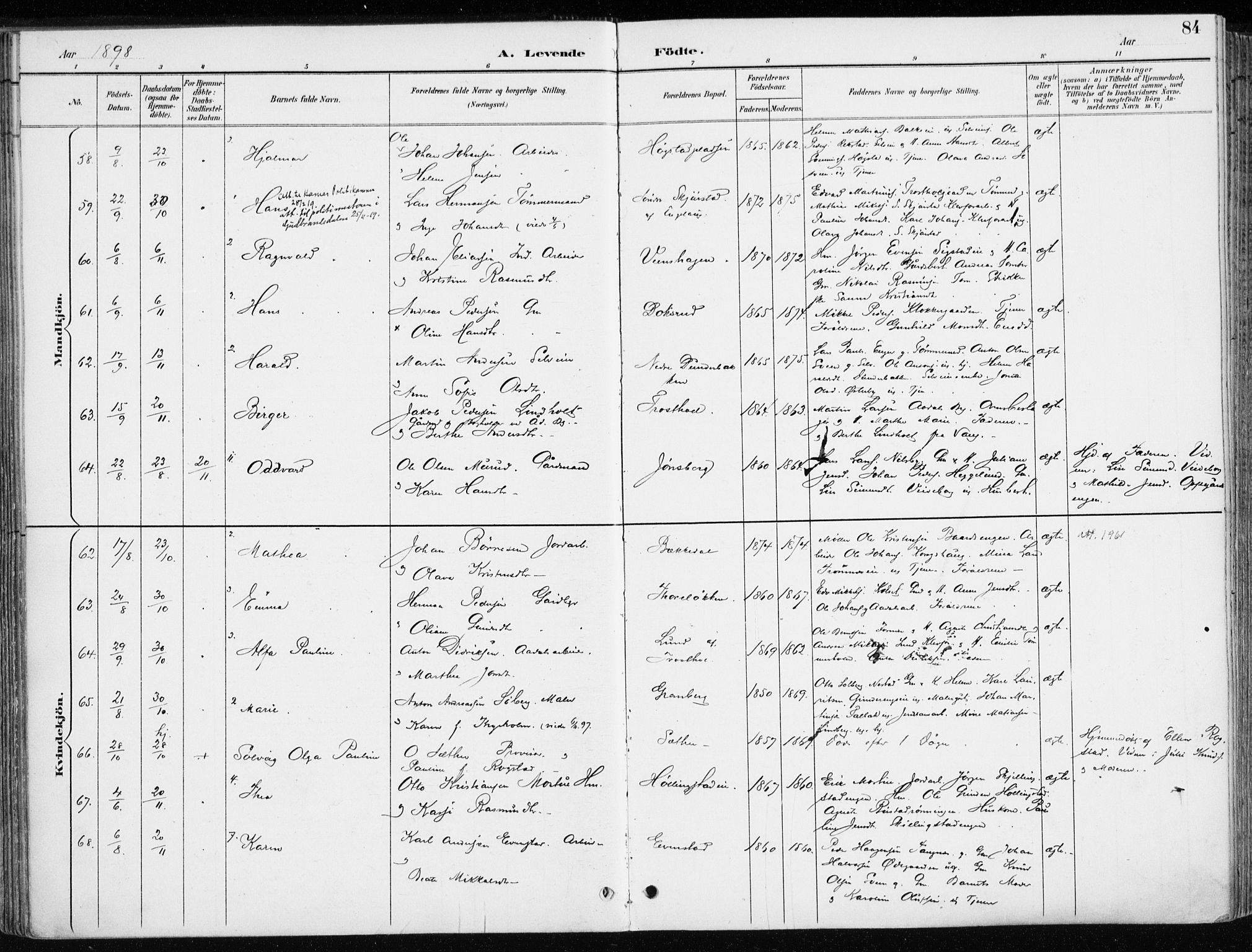 Løten prestekontor, AV/SAH-PREST-022/K/Ka/L0010: Parish register (official) no. 10, 1892-1907, p. 84