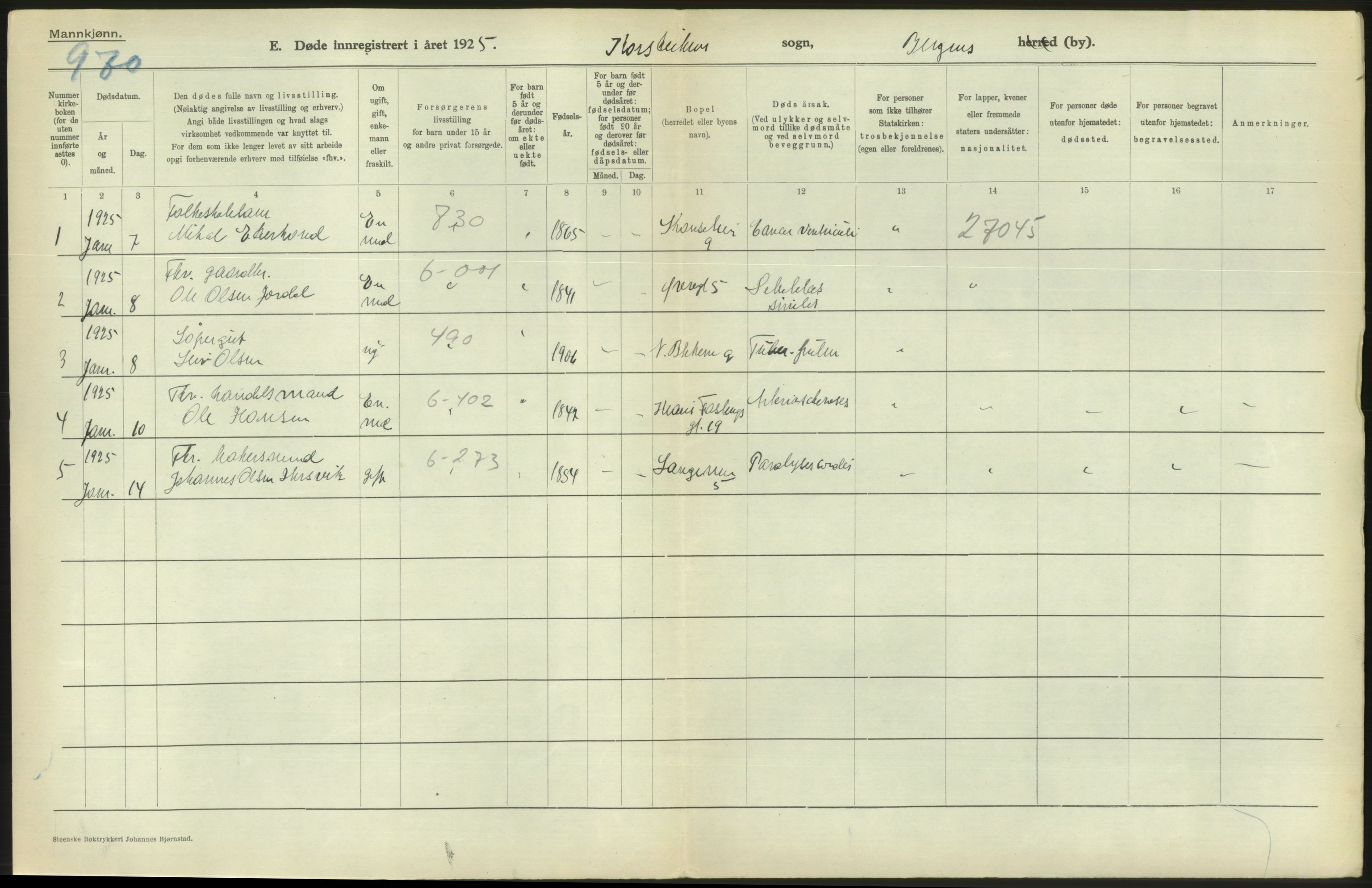 Statistisk sentralbyrå, Sosiodemografiske emner, Befolkning, RA/S-2228/D/Df/Dfc/Dfce/L0029: Bergen: Gifte, døde., 1925, p. 364