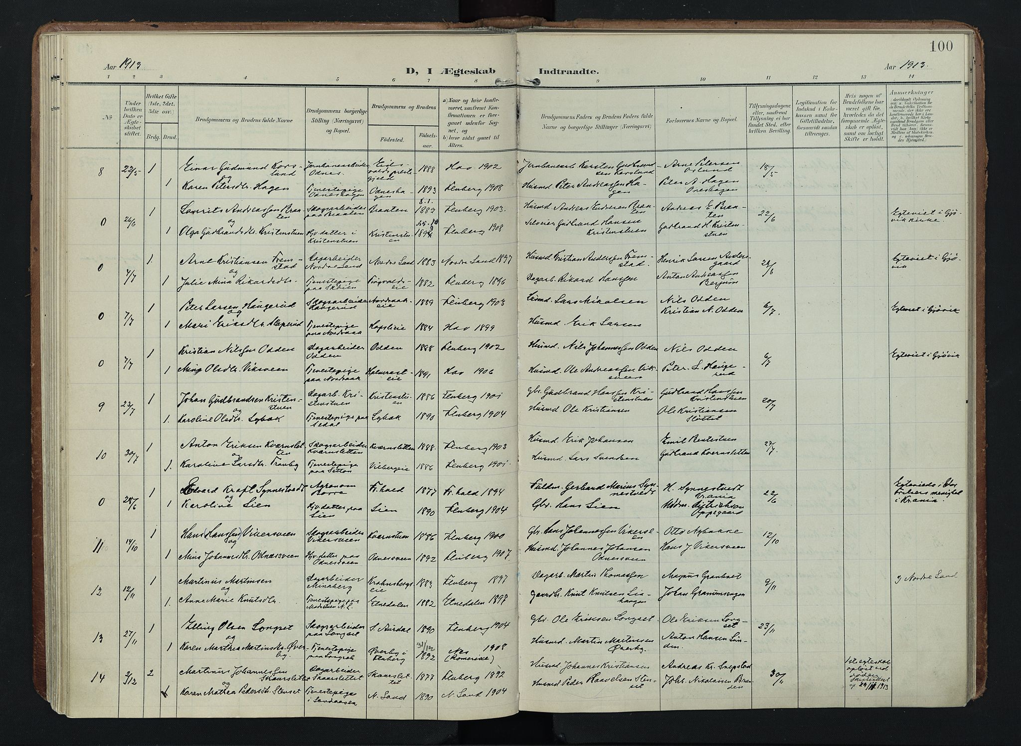 Søndre Land prestekontor, SAH/PREST-122/K/L0005: Parish register (official) no. 5, 1905-1914, p. 100