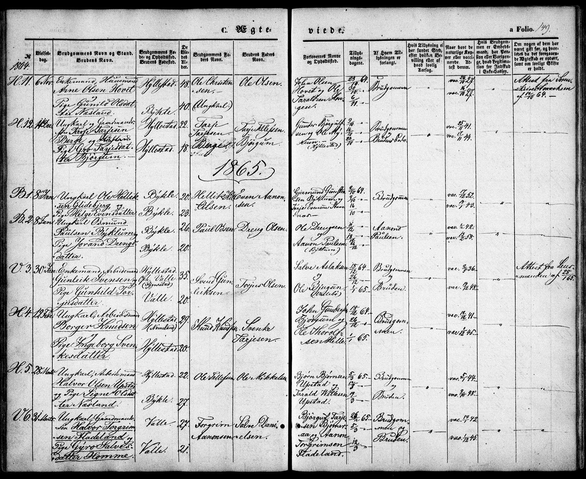Valle sokneprestkontor, SAK/1111-0044/F/Fa/Fac/L0007: Parish register (official) no. A 7, 1854-1868, p. 149