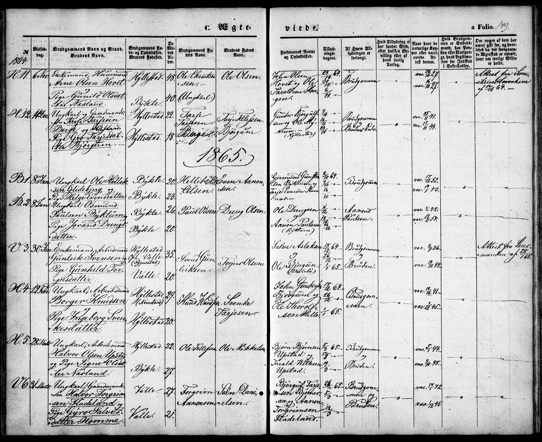 Valle sokneprestkontor, AV/SAK-1111-0044/F/Fa/Fac/L0007: Parish register (official) no. A 7, 1854-1868, p. 149