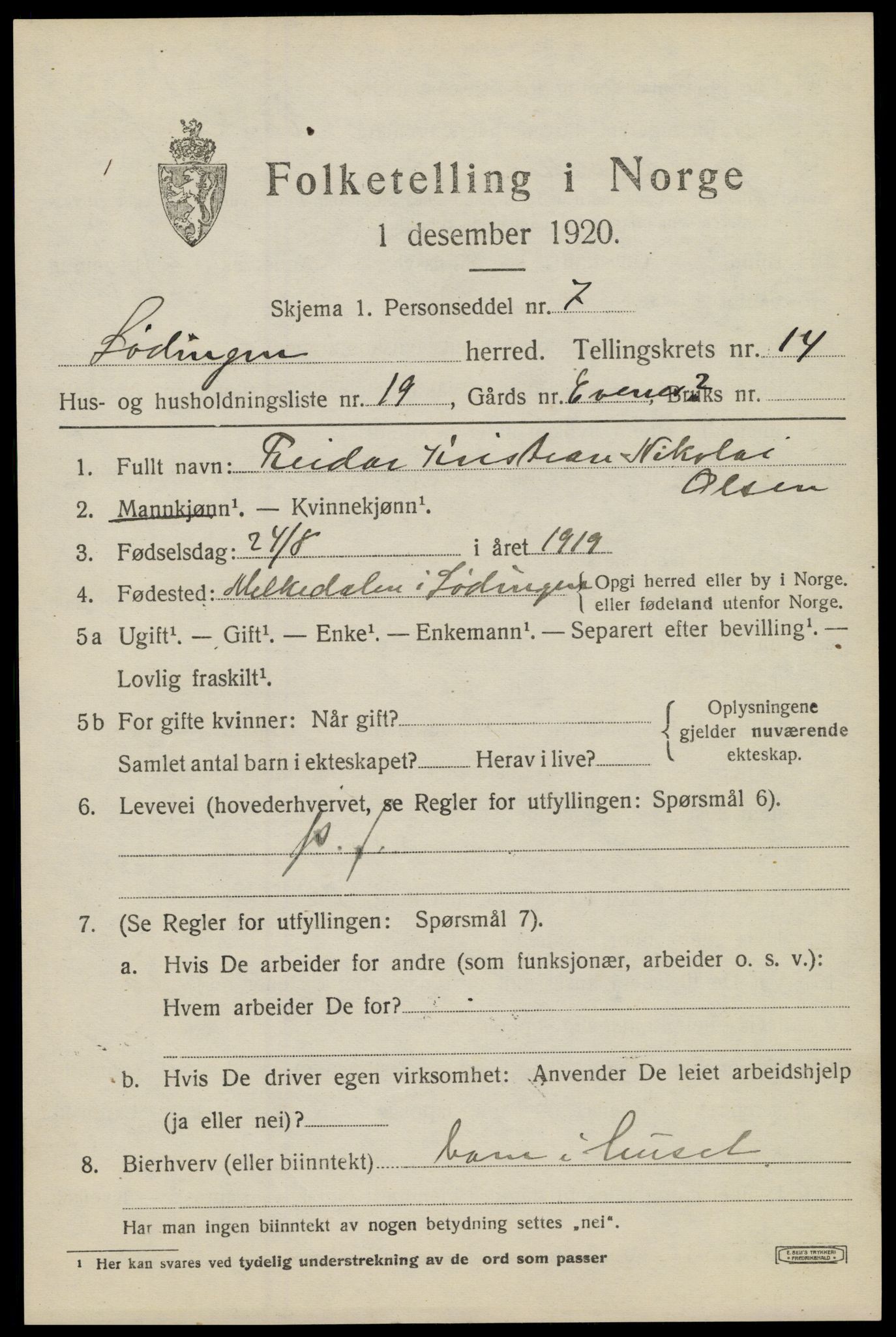 SAT, 1920 census for Lødingen, 1920, p. 7253