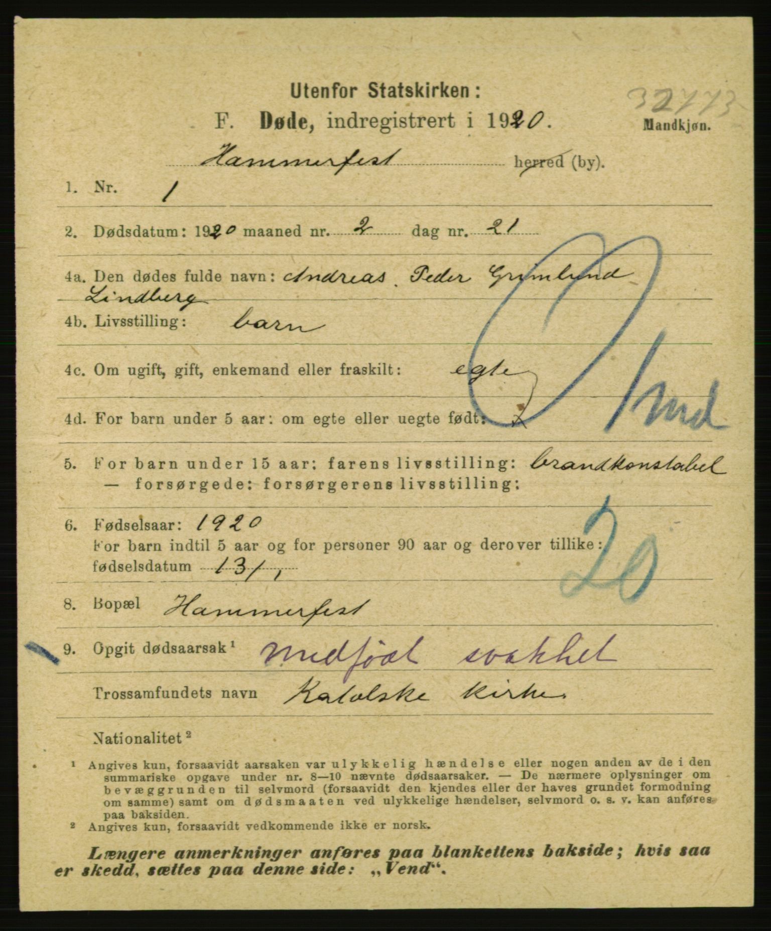 Statistisk sentralbyrå, Sosiodemografiske emner, Befolkning, AV/RA-S-2228/E/L0018: Fødte, gifte, døde dissentere., 1920, p. 3651