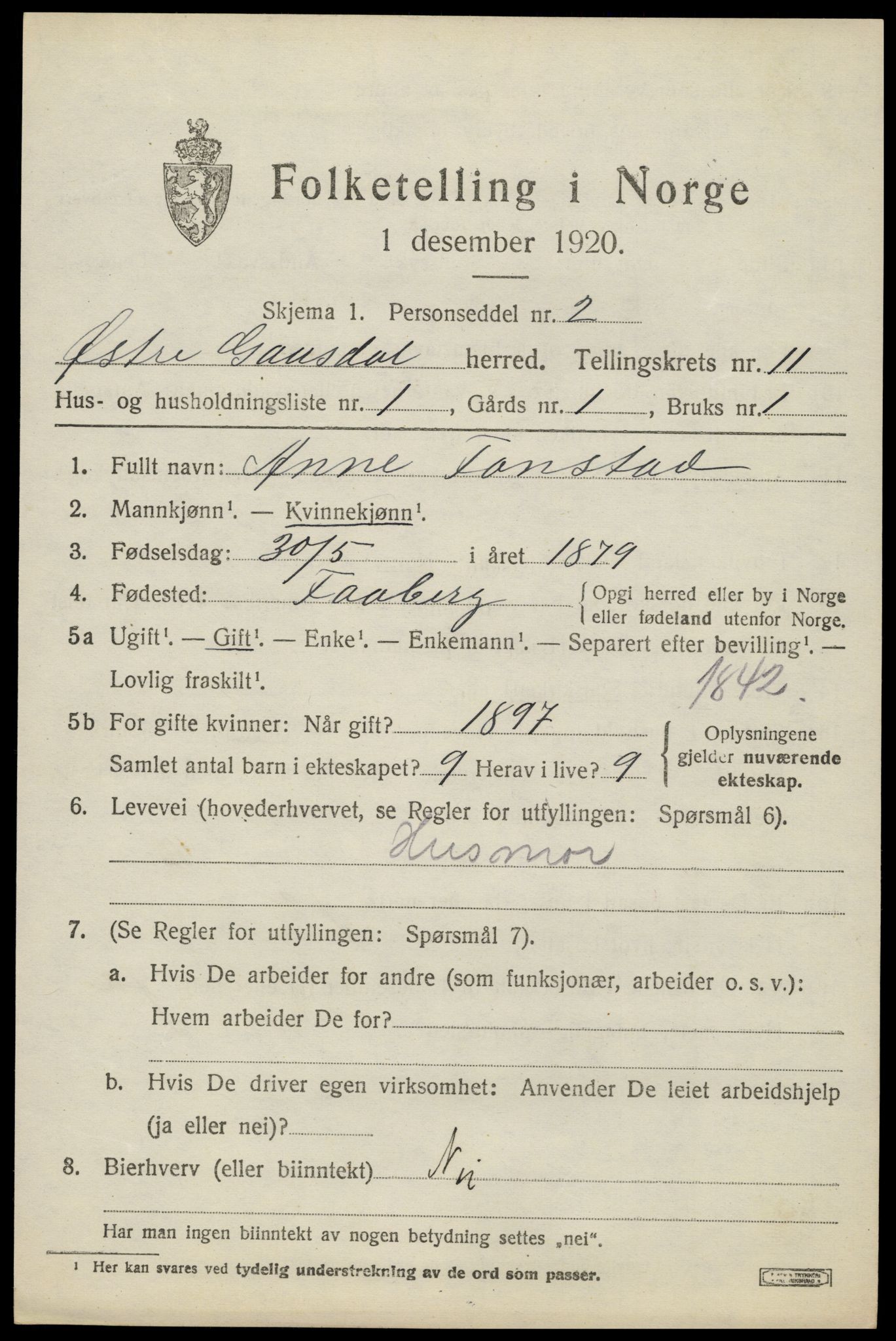 SAH, 1920 census for Østre Gausdal, 1920, p. 5830