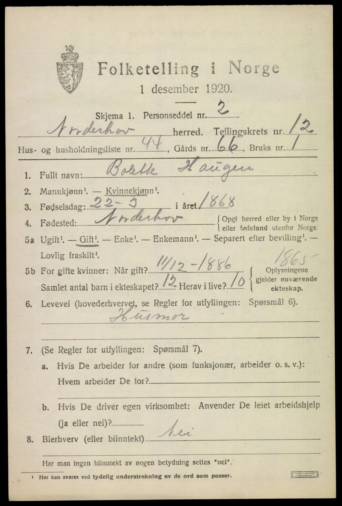 SAKO, 1920 census for Norderhov, 1920, p. 14246