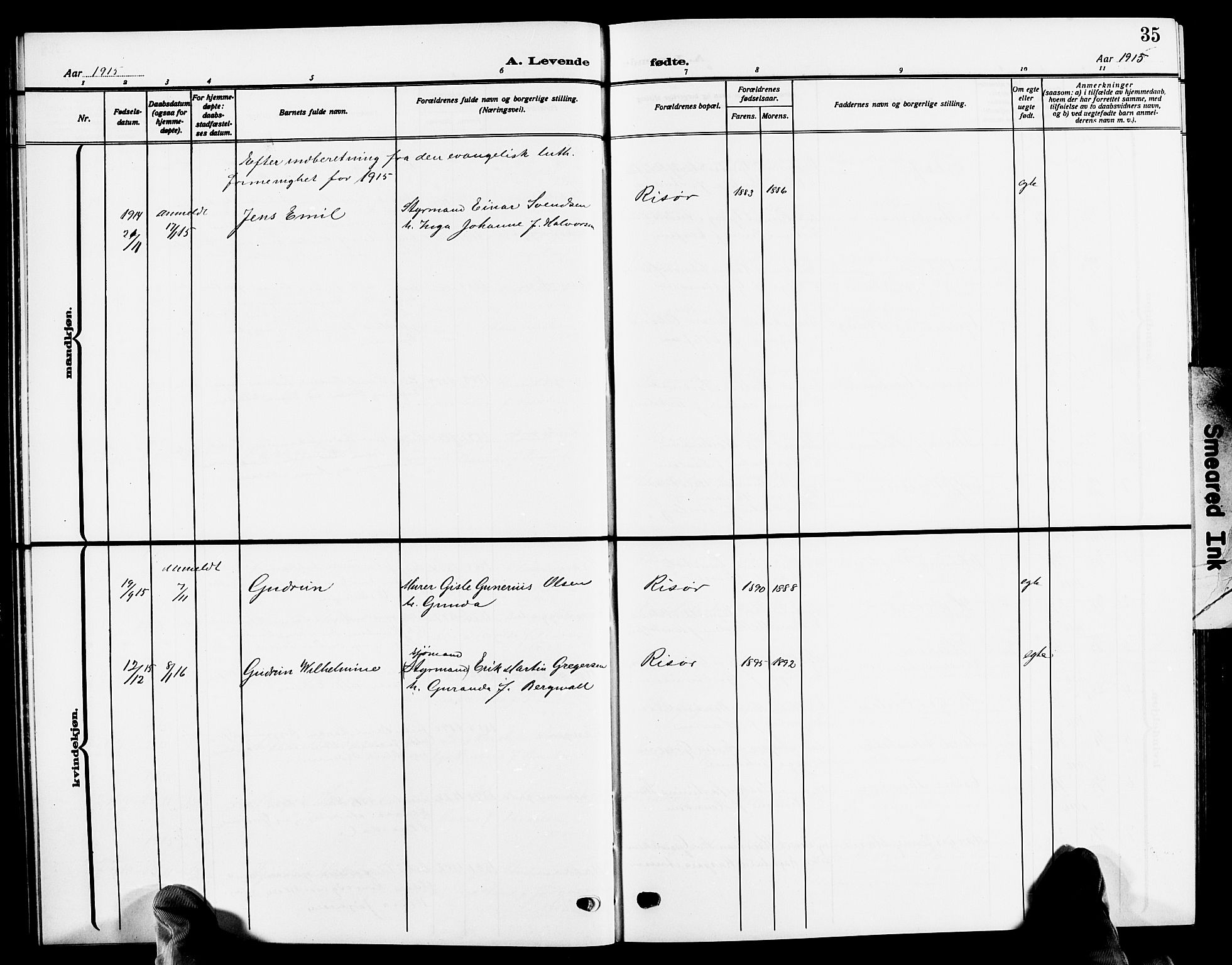 Risør sokneprestkontor, AV/SAK-1111-0035/F/Fb/L0008: Parish register (copy) no. B 8, 1909-1921, p. 35