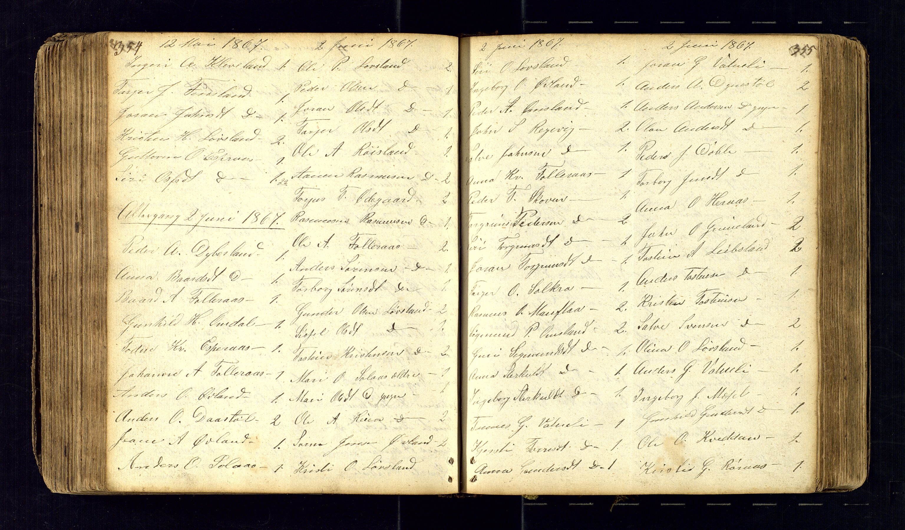 Bjelland sokneprestkontor, AV/SAK-1111-0005/F/Fc/Fcb/L0001: Communicants register no. C-1, 1827-1906, p. 354-355