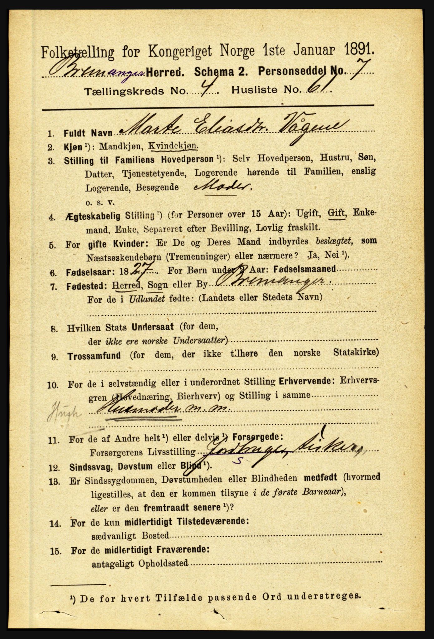 RA, 1891 census for 1438 Bremanger, 1891, p. 1890