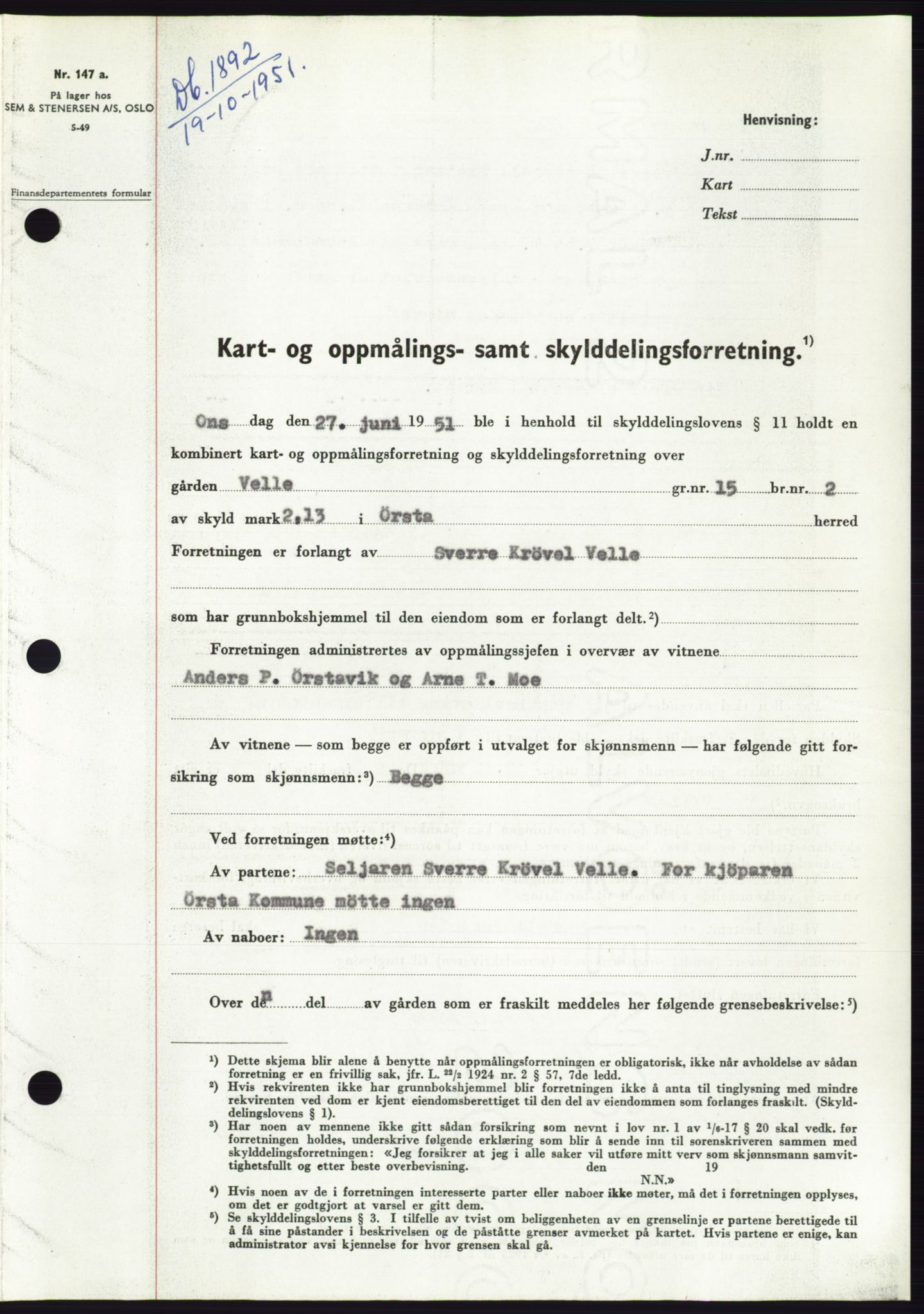 Søre Sunnmøre sorenskriveri, AV/SAT-A-4122/1/2/2C/L0090: Mortgage book no. 16A, 1951-1951, Diary no: : 1892/1951