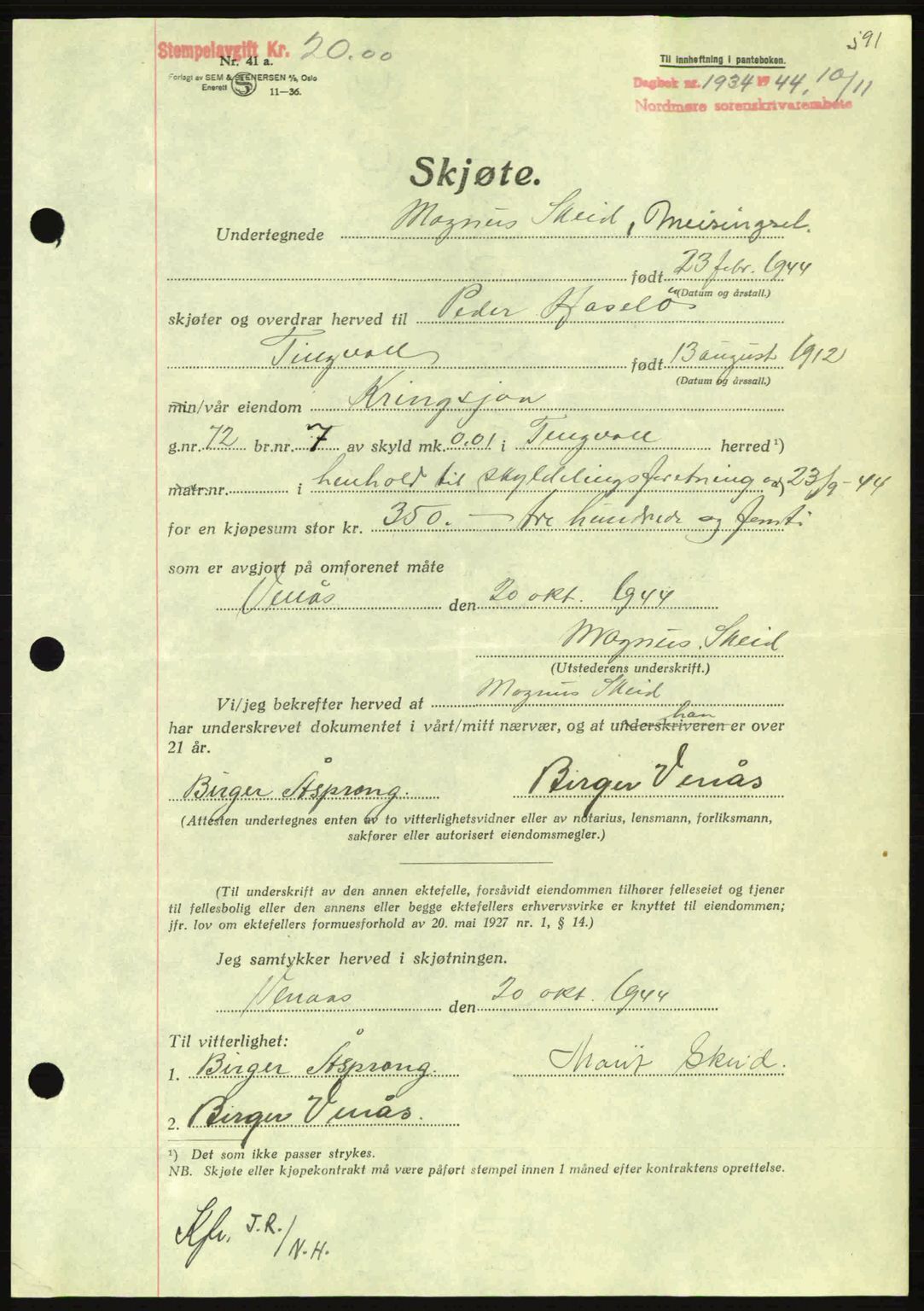 Nordmøre sorenskriveri, AV/SAT-A-4132/1/2/2Ca: Mortgage book no. A98, 1944-1944, Diary no: : 1934/1944