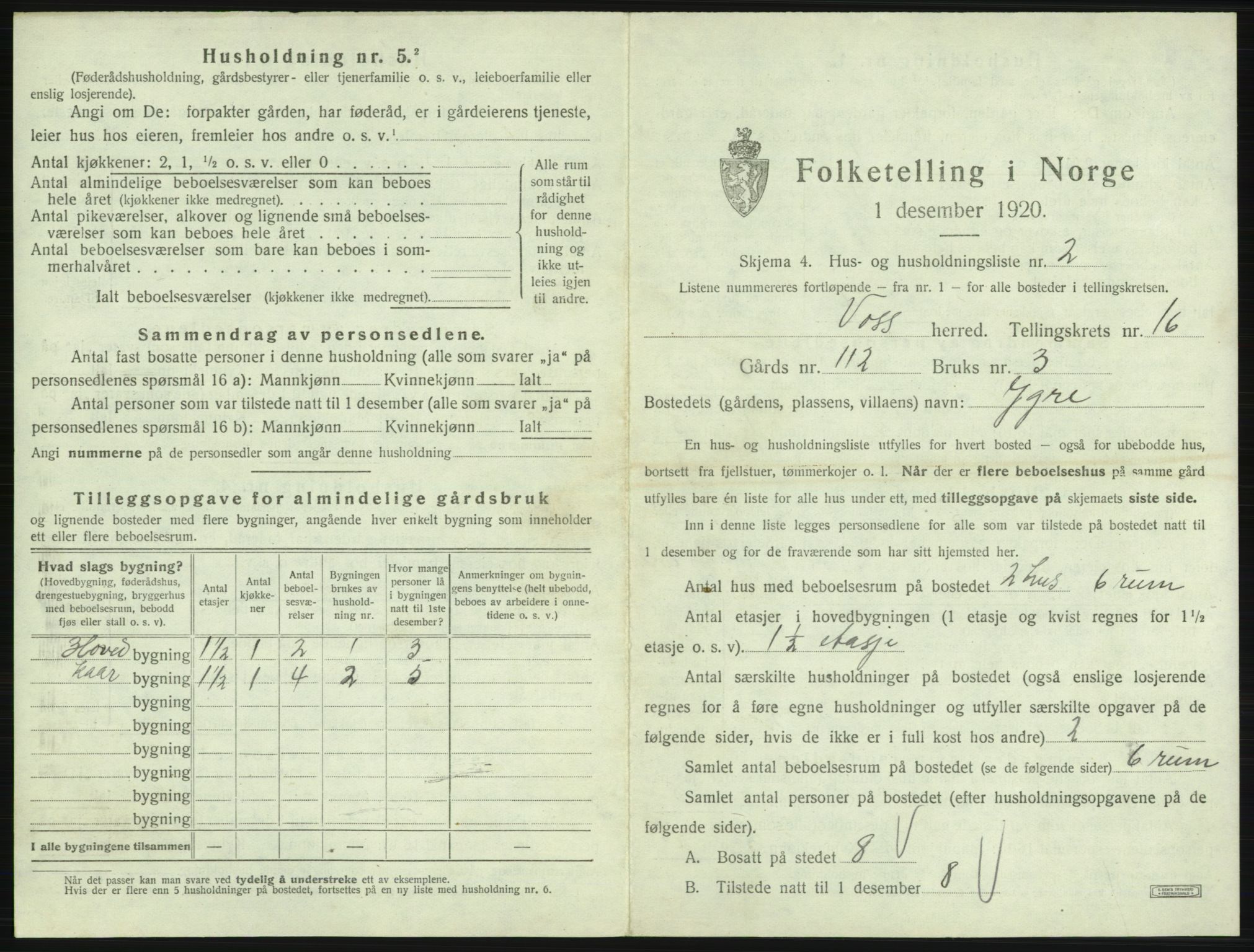 SAB, 1920 census for Voss, 1920, p. 1539