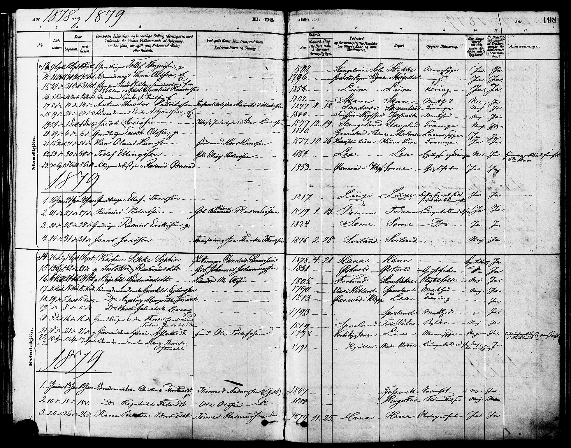 Høyland sokneprestkontor, SAST/A-101799/001/30BA/L0011: Parish register (official) no. A 10, 1878-1888, p. 198