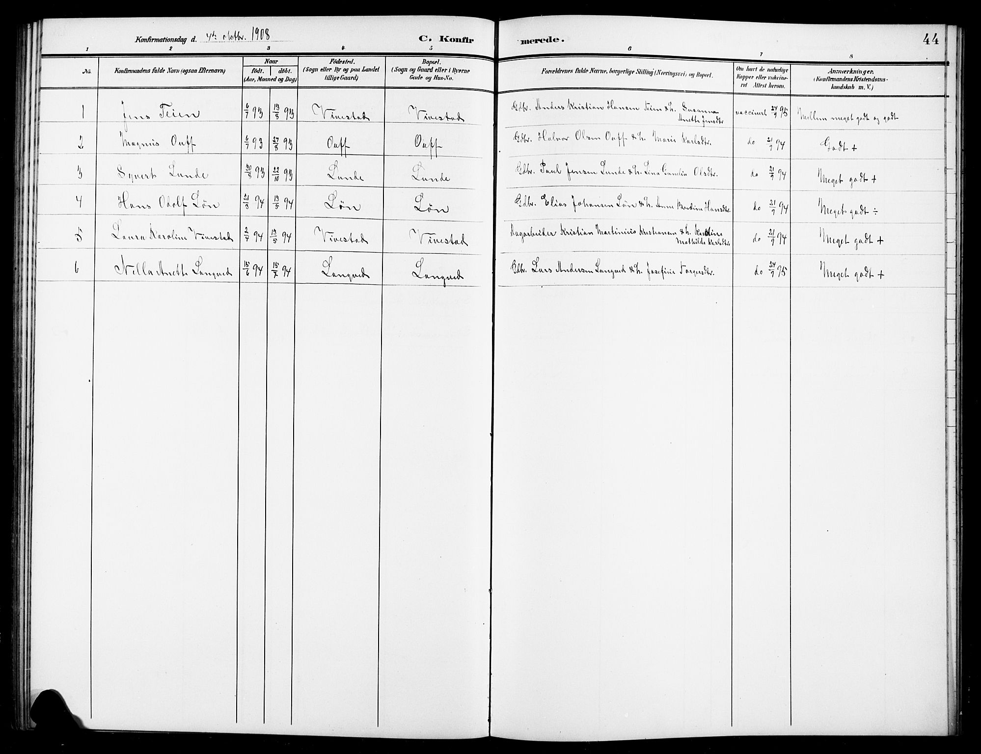 Ramnes kirkebøker, SAKO/A-314/G/Gc/L0002: Parish register (copy) no. III 2, 1903-1924, p. 44