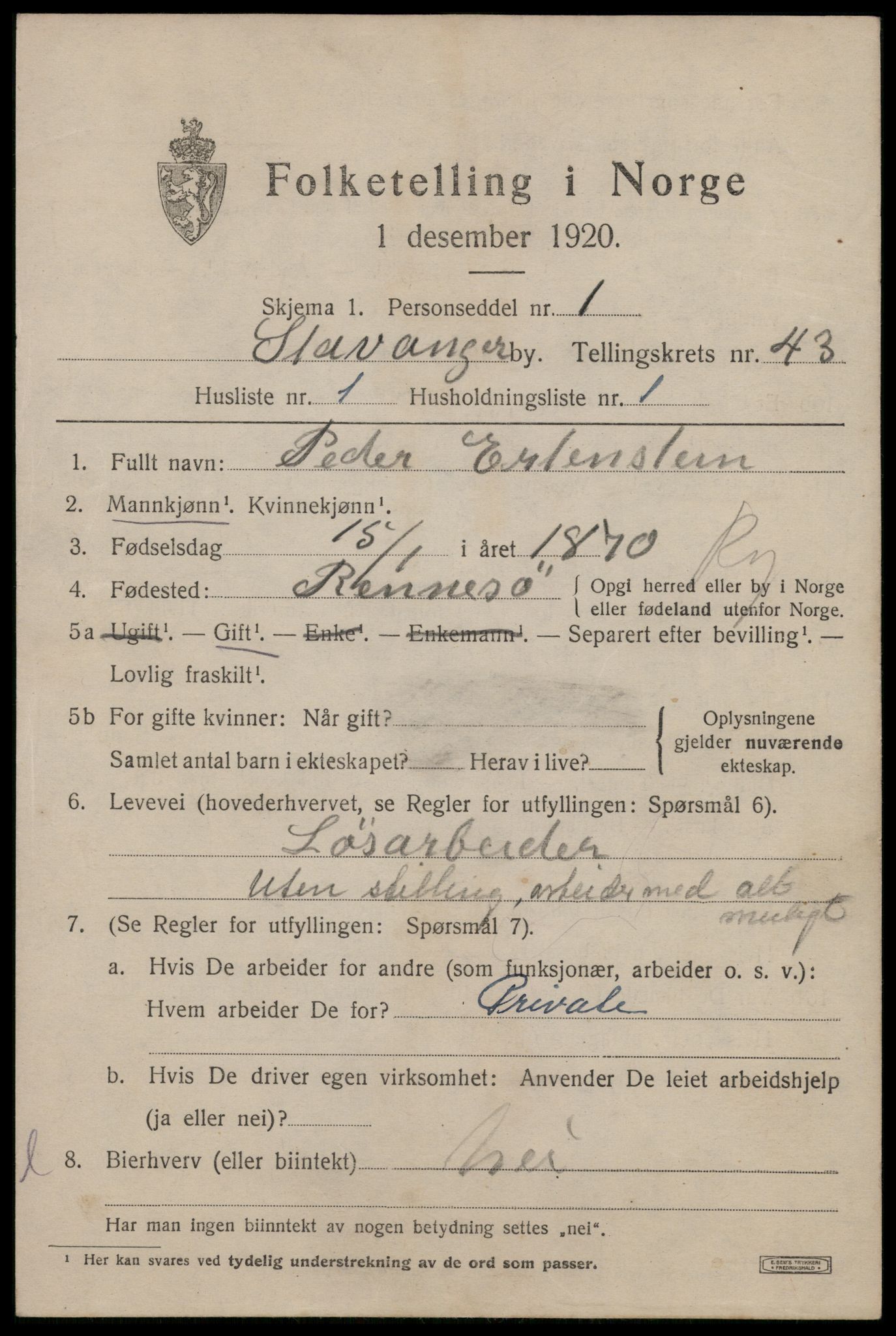 SAST, 1920 census for Stavanger, 1920, p. 106810