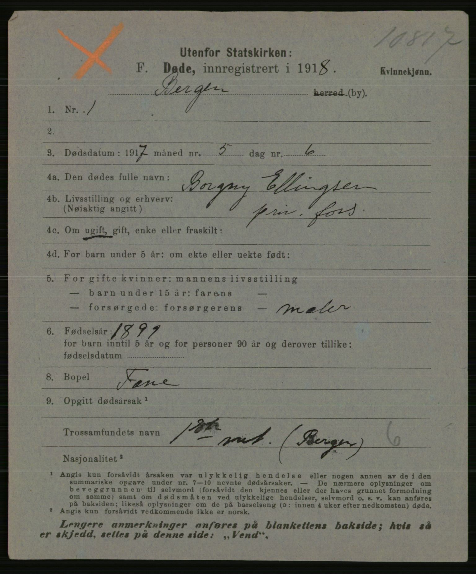 Statistisk sentralbyrå, Sosiodemografiske emner, Befolkning, AV/RA-S-2228/E/L0015: Fødte, gifte, døde dissentere., 1917, p. 3607