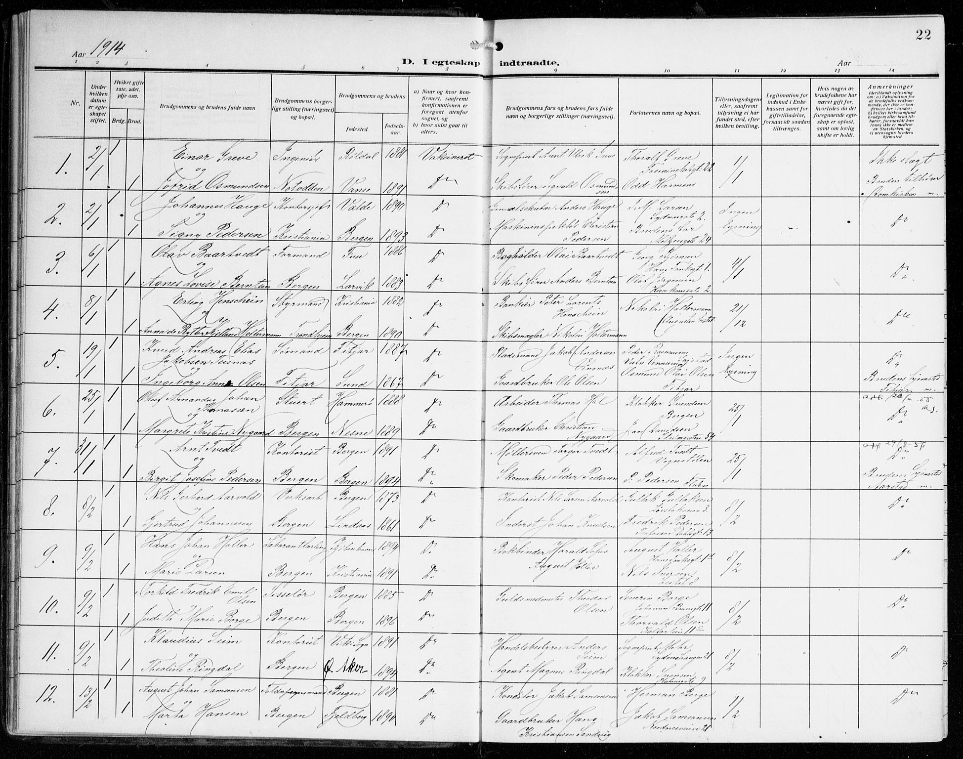 Johanneskirken sokneprestembete, SAB/A-76001/H/Haa/L0013: Parish register (official) no. D 2, 1912-1929, p. 22