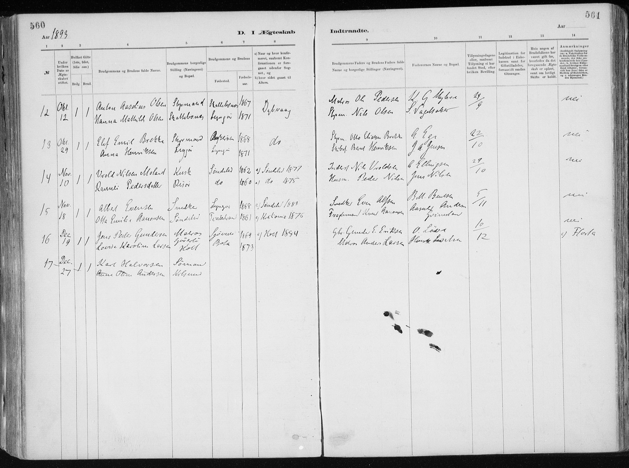 Dypvåg sokneprestkontor, SAK/1111-0007/F/Fa/Faa/L0008: Parish register (official) no. A 8, 1885-1906, p. 560-561