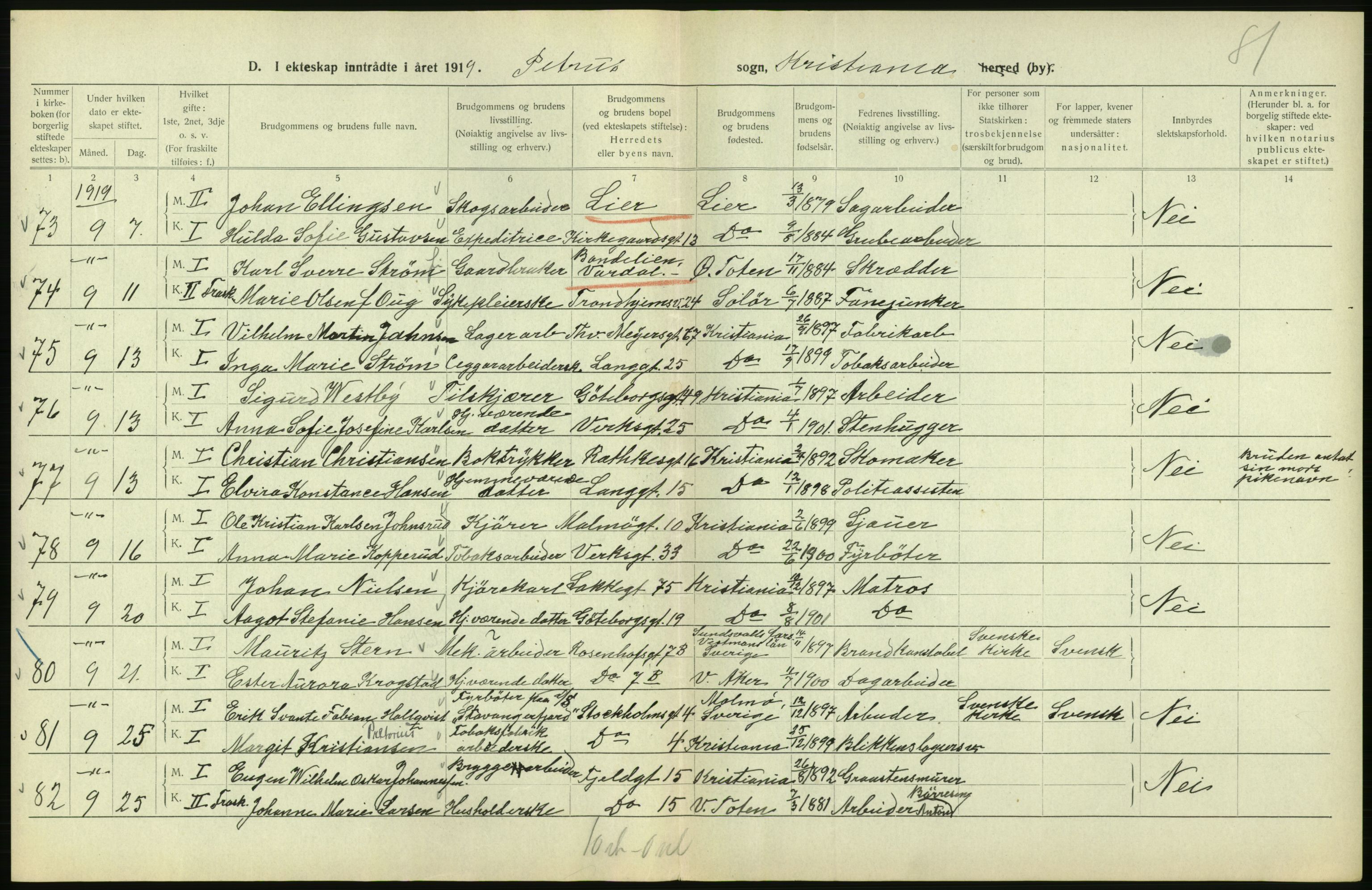 Statistisk sentralbyrå, Sosiodemografiske emner, Befolkning, AV/RA-S-2228/D/Df/Dfb/Dfbi/L0009: Kristiania: Gifte, 1919, p. 442