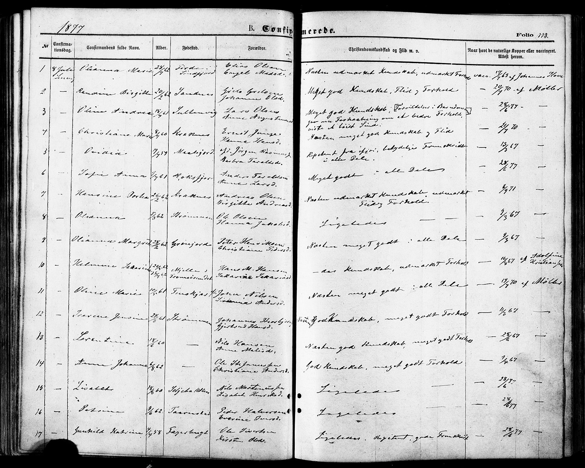 Lenvik sokneprestembete, SATØ/S-1310/H/Ha/Haa/L0010kirke: Parish register (official) no. 10, 1873-1880, p. 113