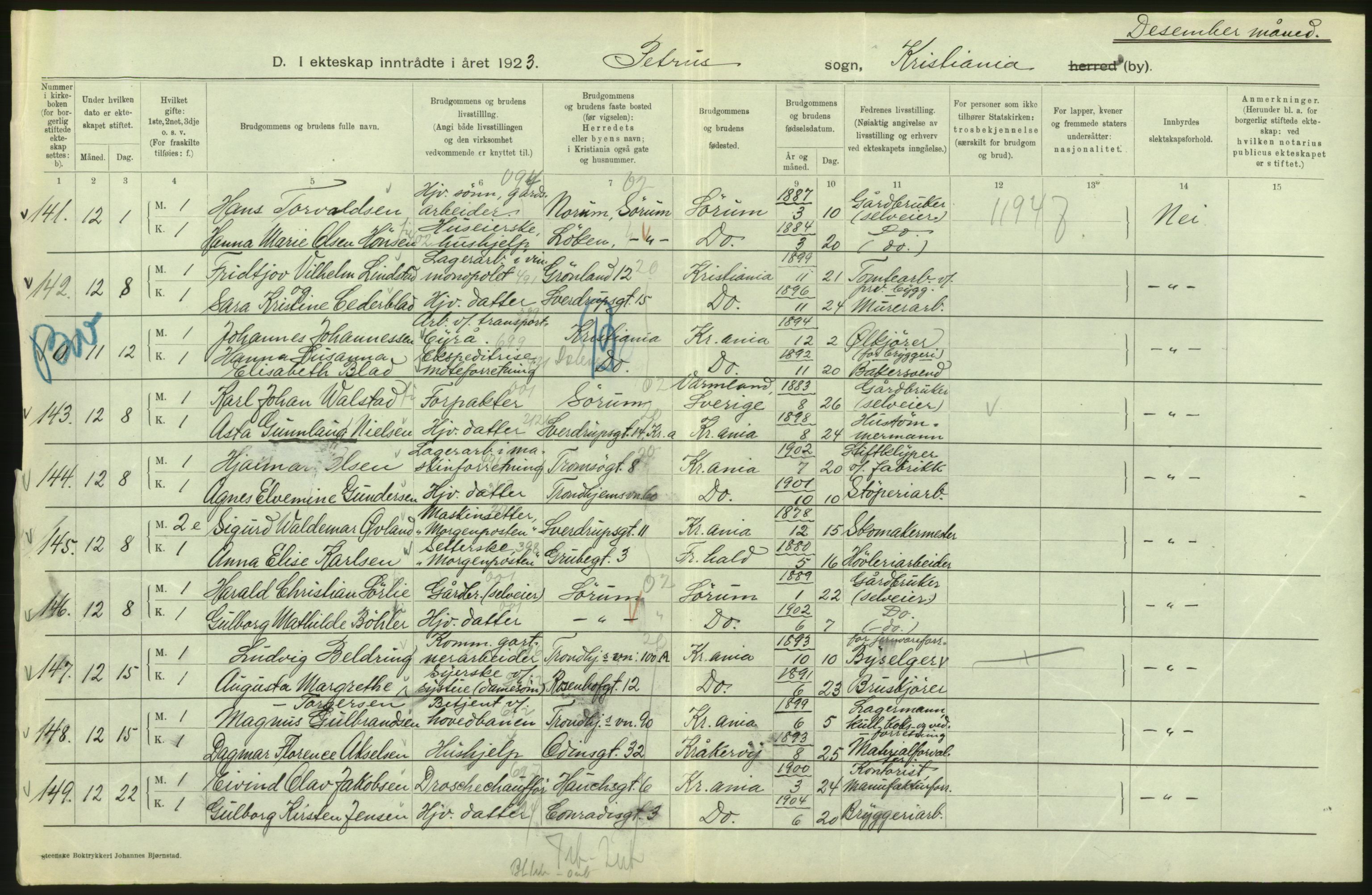 Statistisk sentralbyrå, Sosiodemografiske emner, Befolkning, AV/RA-S-2228/D/Df/Dfc/Dfcc/L0008: Kristiania: Gifte, 1923, p. 154