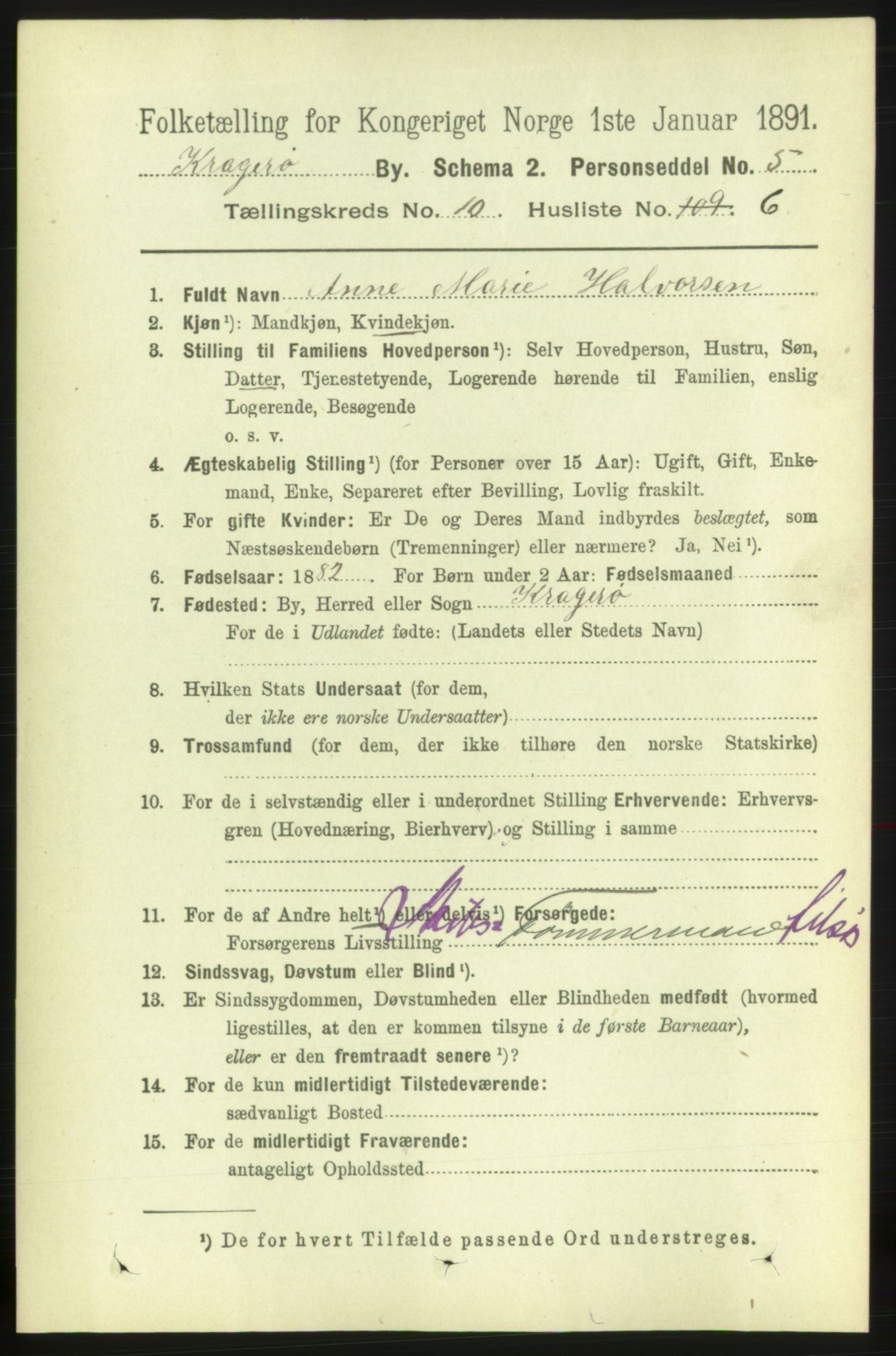 RA, 1891 census for 0801 Kragerø, 1891, p. 3793