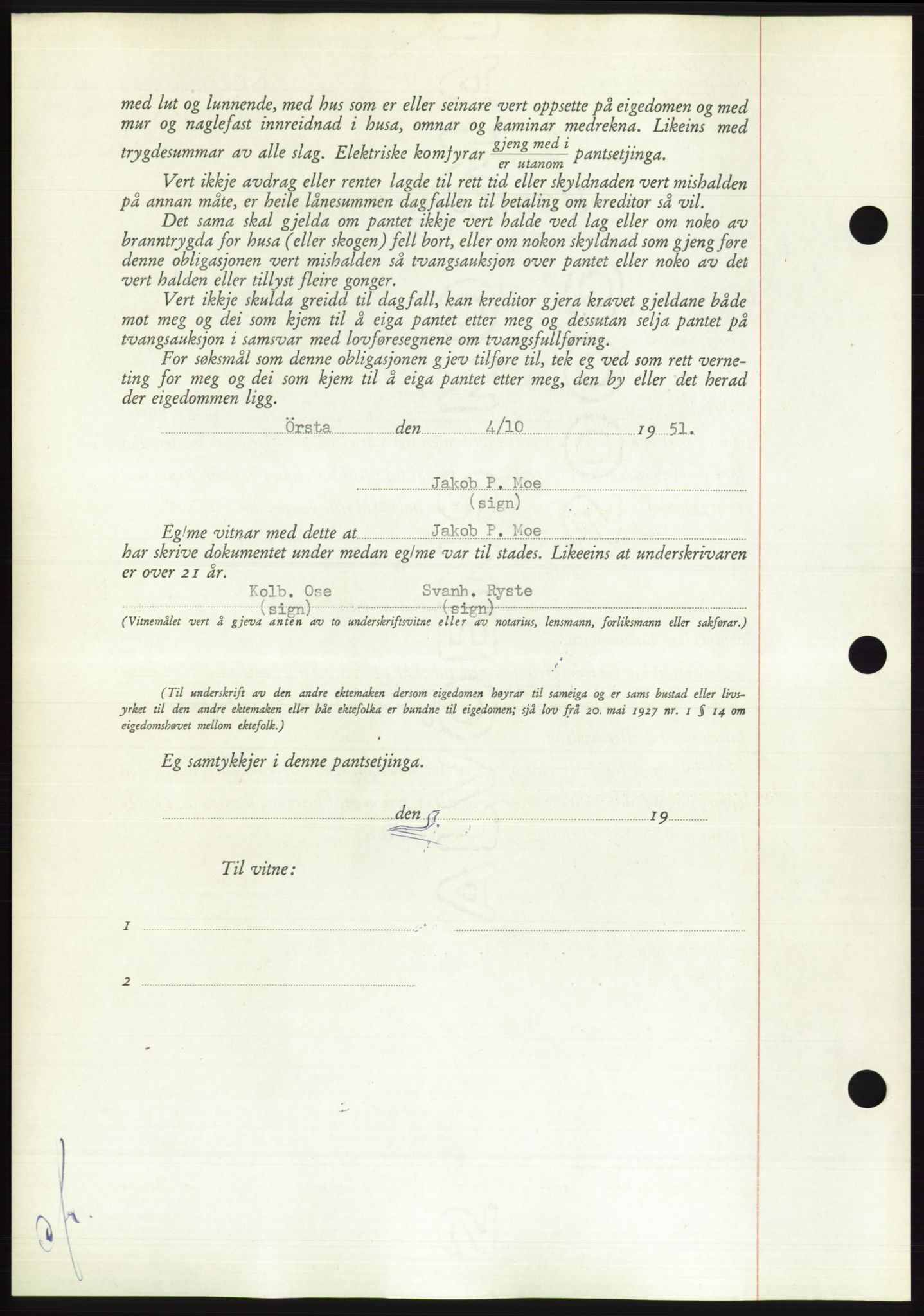 Søre Sunnmøre sorenskriveri, AV/SAT-A-4122/1/2/2C/L0120: Mortgage book no. 8B, 1951-1951, Diary no: : 1954/1951