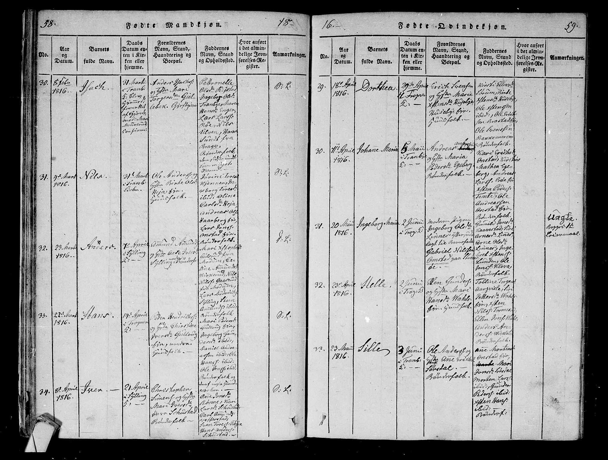 Lier kirkebøker, AV/SAKO-A-230/F/Fa/L0008: Parish register (official) no. I 8, 1813-1825, p. 58-59