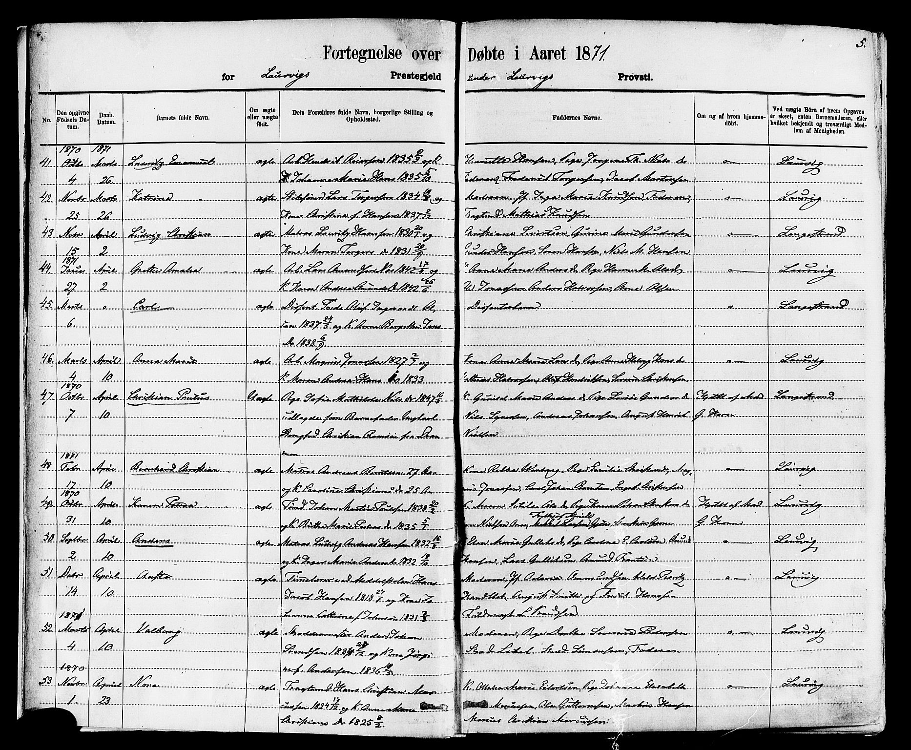 Larvik kirkebøker, SAKO/A-352/F/Fa/L0006: Parish register (official) no. I 6, 1871-1883, p. 5